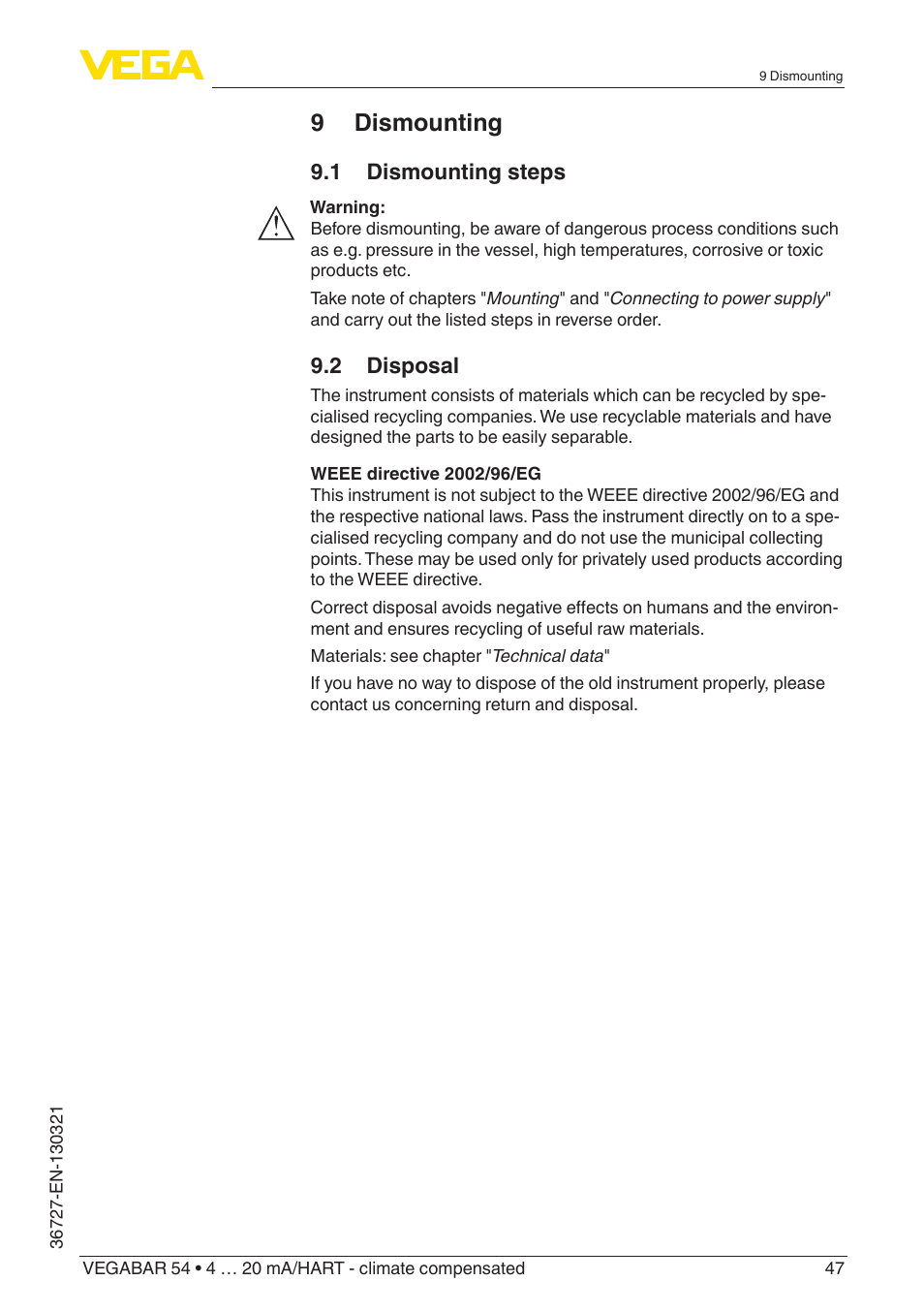 9 dismounting, 1 dismounting steps, 2 disposal | VEGA VEGABAR 54 4 … 20 mA_HART - climate compensated User Manual | Page 47 / 72