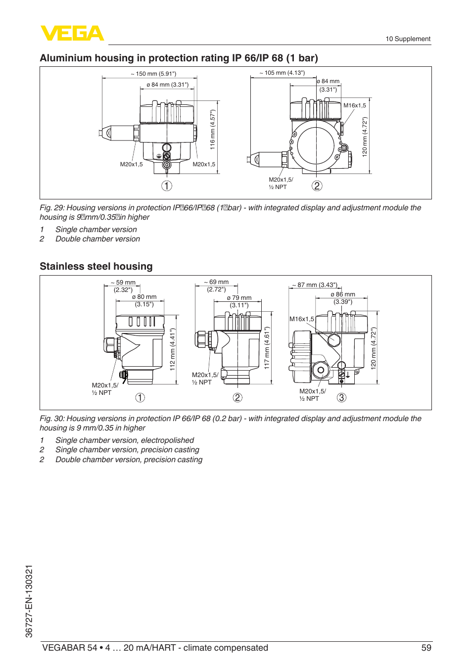 Stainless steel housing | VEGA VEGABAR 54 4 … 20 mA_HART - climate compensated User Manual | Page 59 / 72