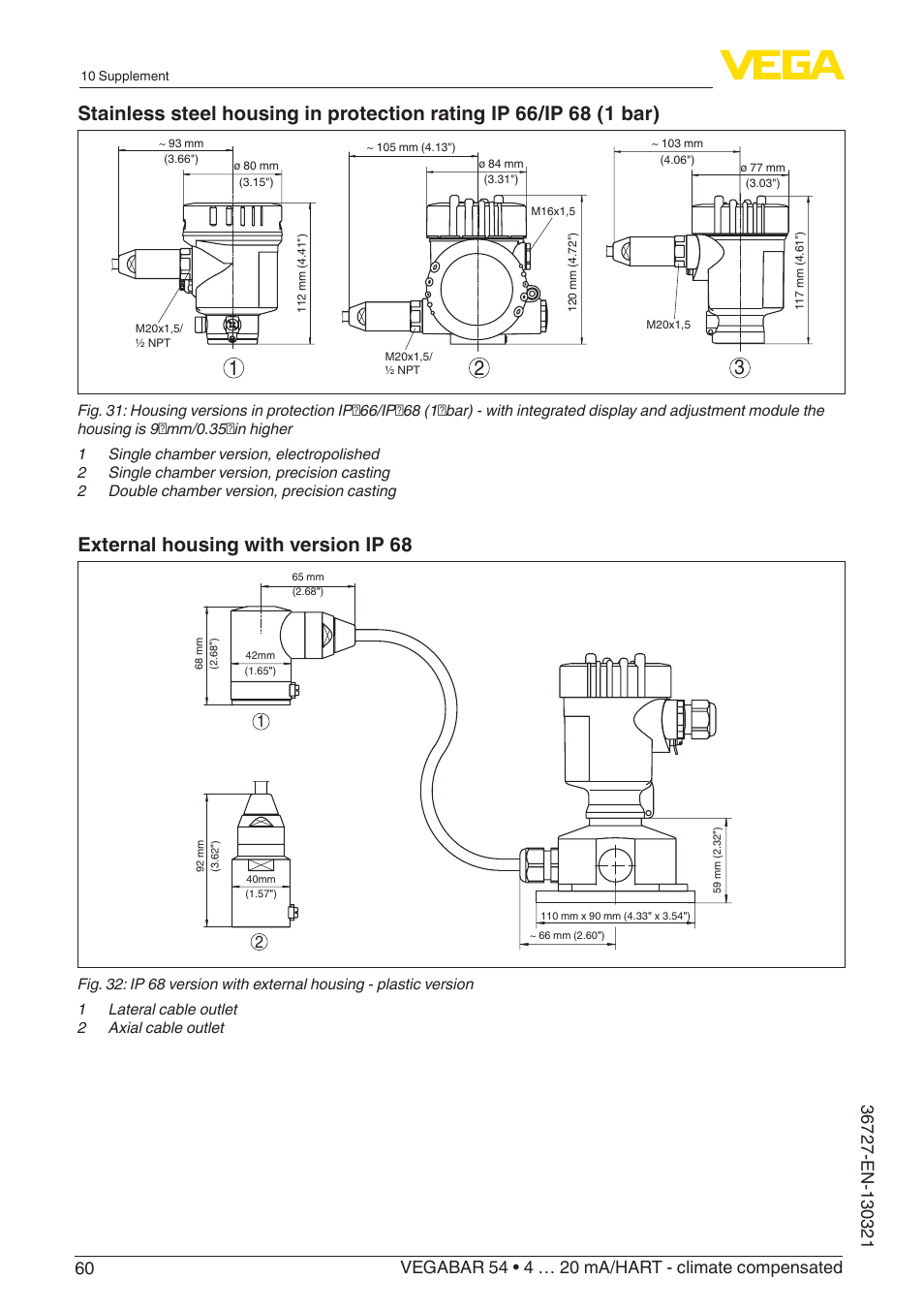 External housing with version ip 68 | VEGA VEGABAR 54 4 … 20 mA_HART - climate compensated User Manual | Page 60 / 72