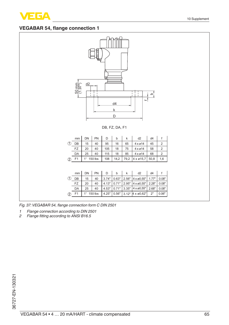 Vegabar 54, flange connection 1 | VEGA VEGABAR 54 4 … 20 mA_HART - climate compensated User Manual | Page 65 / 72