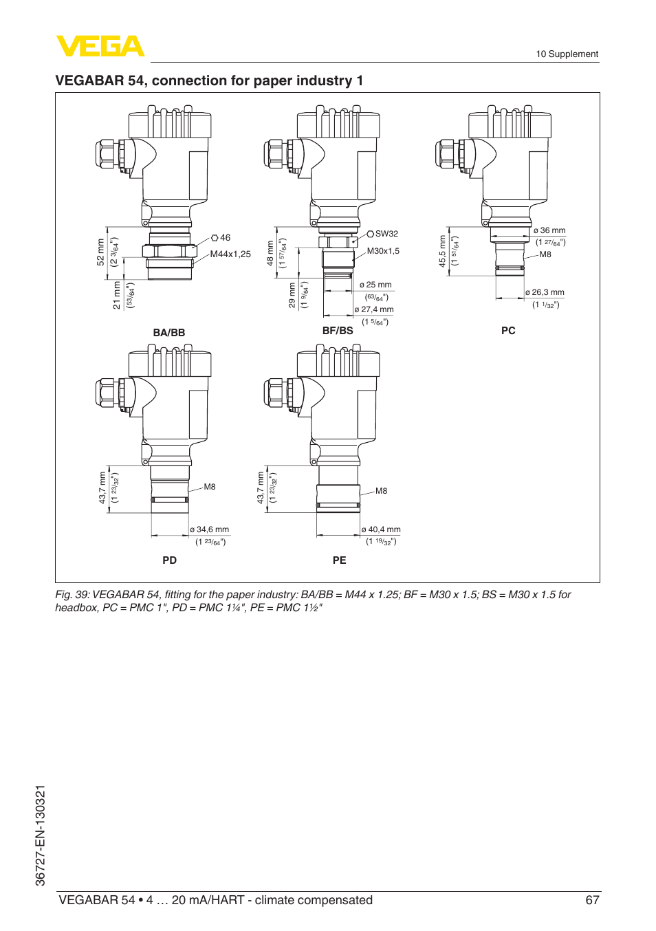 Vegabar 54, connection for paper industry 1, Pc pd pe, Bf/bs ba/bb | VEGA VEGABAR 54 4 … 20 mA_HART - climate compensated User Manual | Page 67 / 72