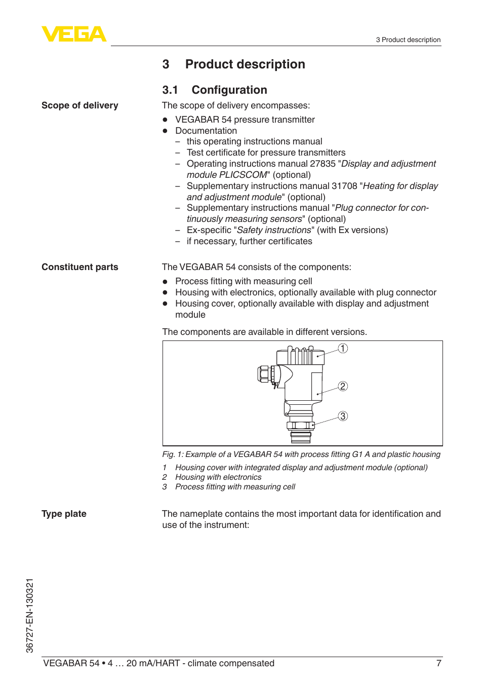 3 product description | VEGA VEGABAR 54 4 … 20 mA_HART - climate compensated User Manual | Page 7 / 72