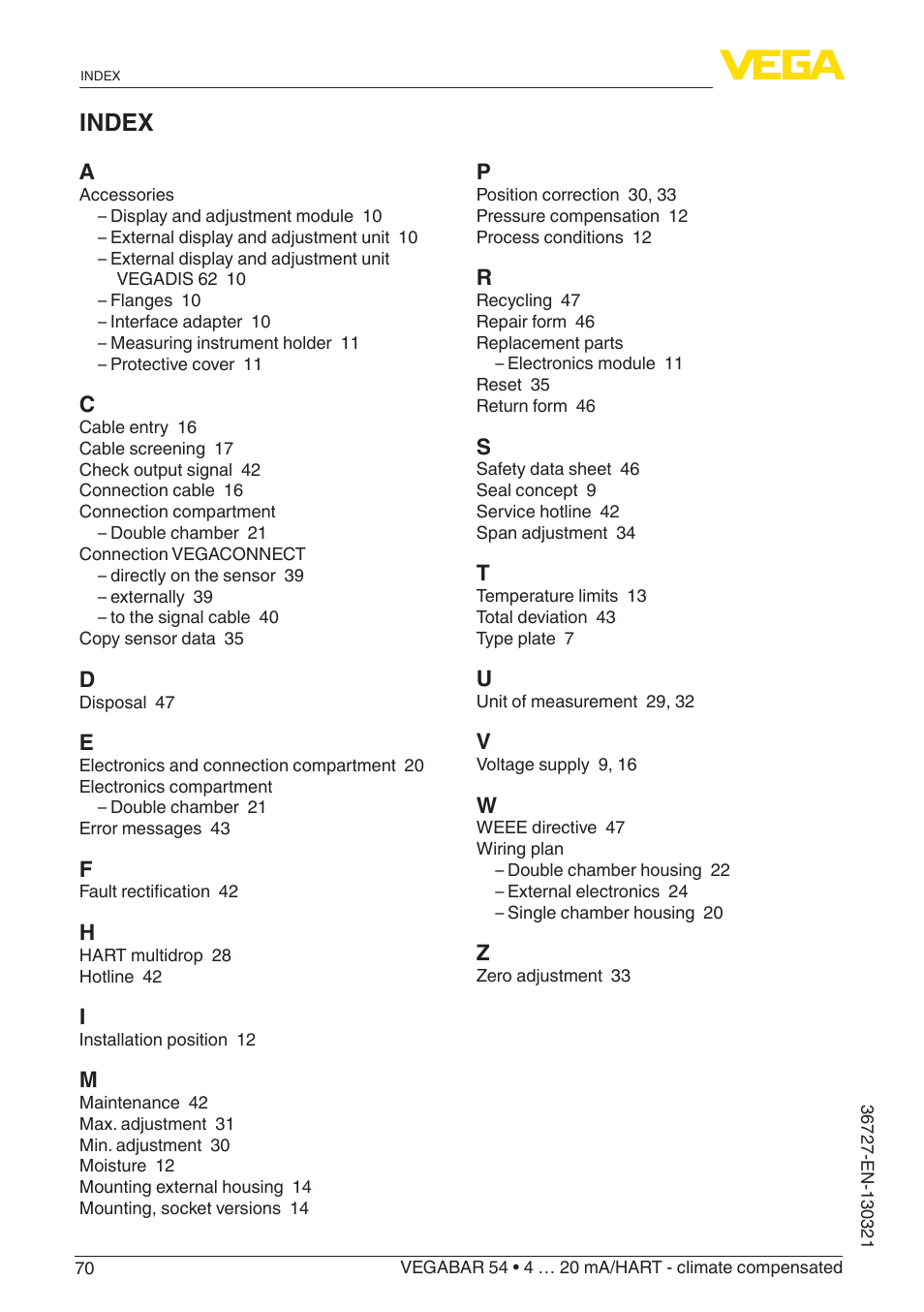 Index | VEGA VEGABAR 54 4 … 20 mA_HART - climate compensated User Manual | Page 70 / 72