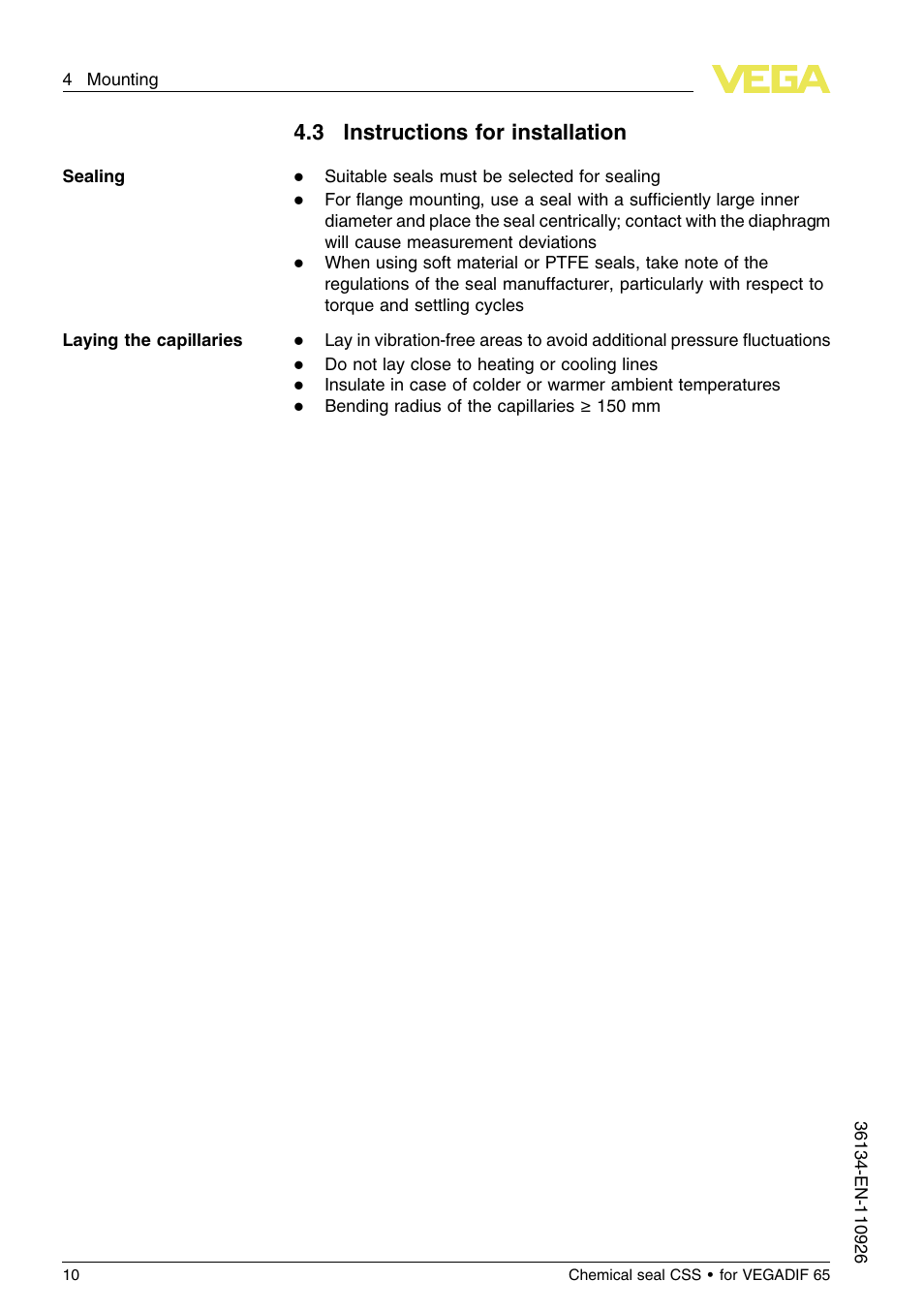 3 instructions for installation | VEGA VEGADIF 65 Chemical seal CSS User Manual | Page 10 / 20