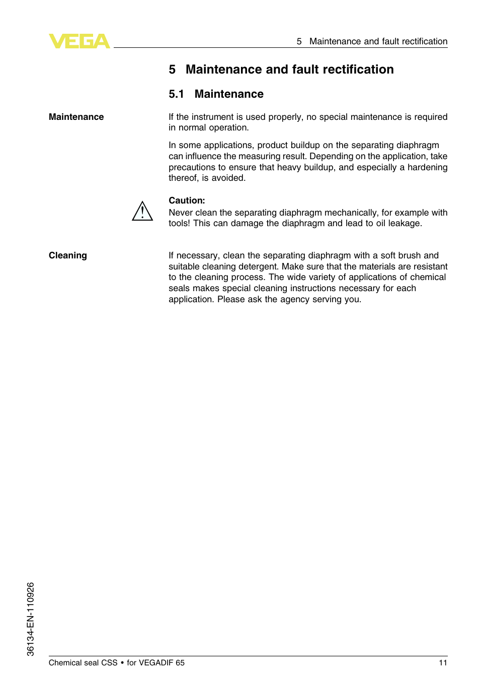 5 maintenance and fault rectification, 1 maintenance, 5 maintenance and fault rectiﬁcation | VEGA VEGADIF 65 Chemical seal CSS User Manual | Page 11 / 20