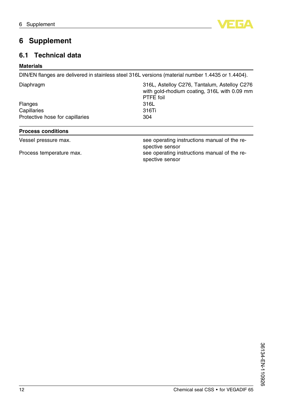 6 supplement, 1 technical data | VEGA VEGADIF 65 Chemical seal CSS User Manual | Page 12 / 20