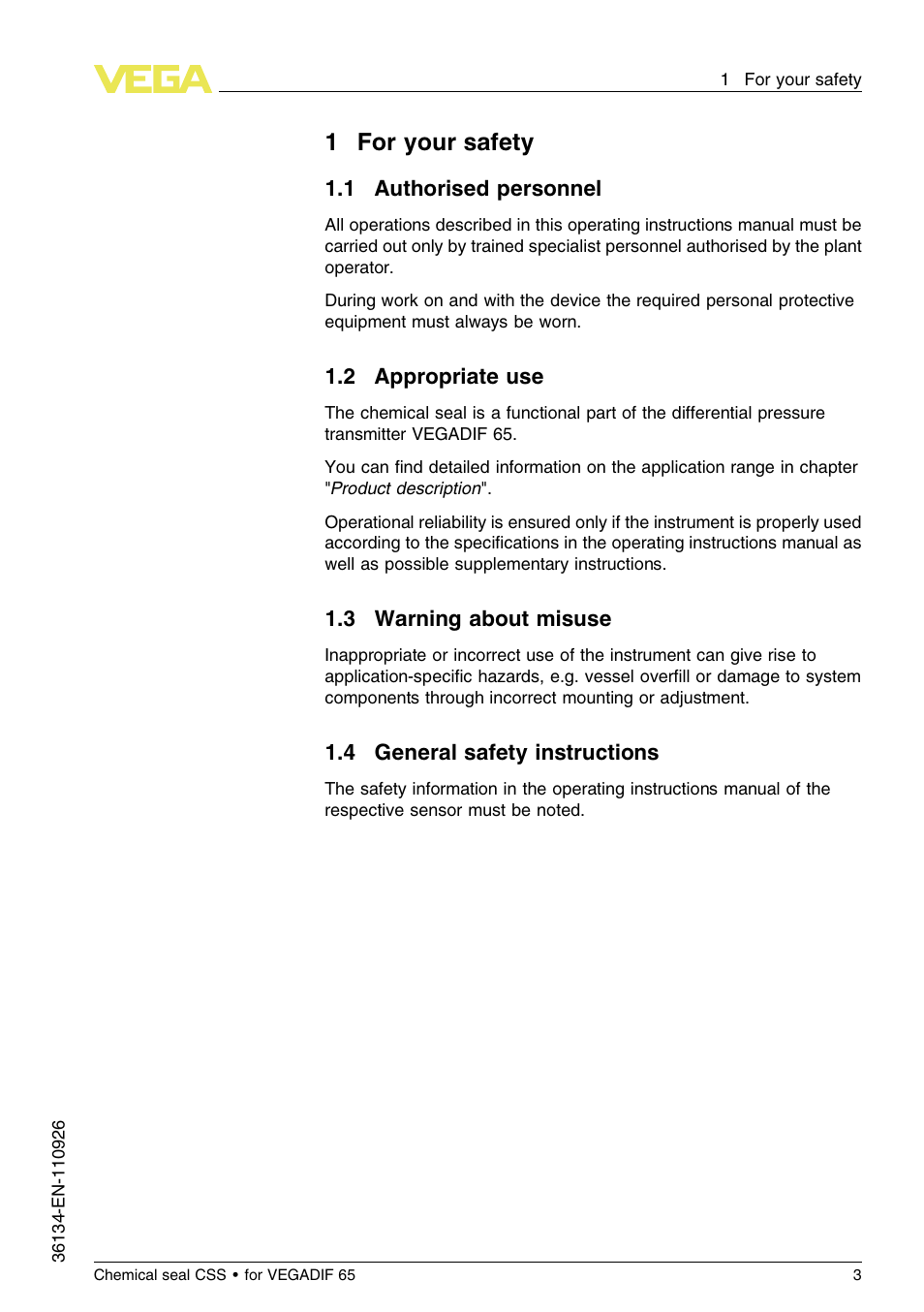1 for your safety, 1 authorised personnel, 2 appropriate use | 3 warning about misuse, 4 general safety instructions | VEGA VEGADIF 65 Chemical seal CSS User Manual | Page 3 / 20