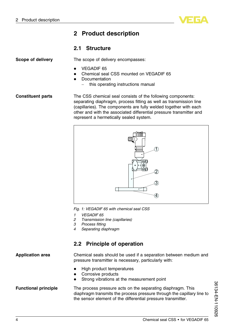 2 product description, 1 structure, 2 principle of operation | VEGA VEGADIF 65 Chemical seal CSS User Manual | Page 4 / 20