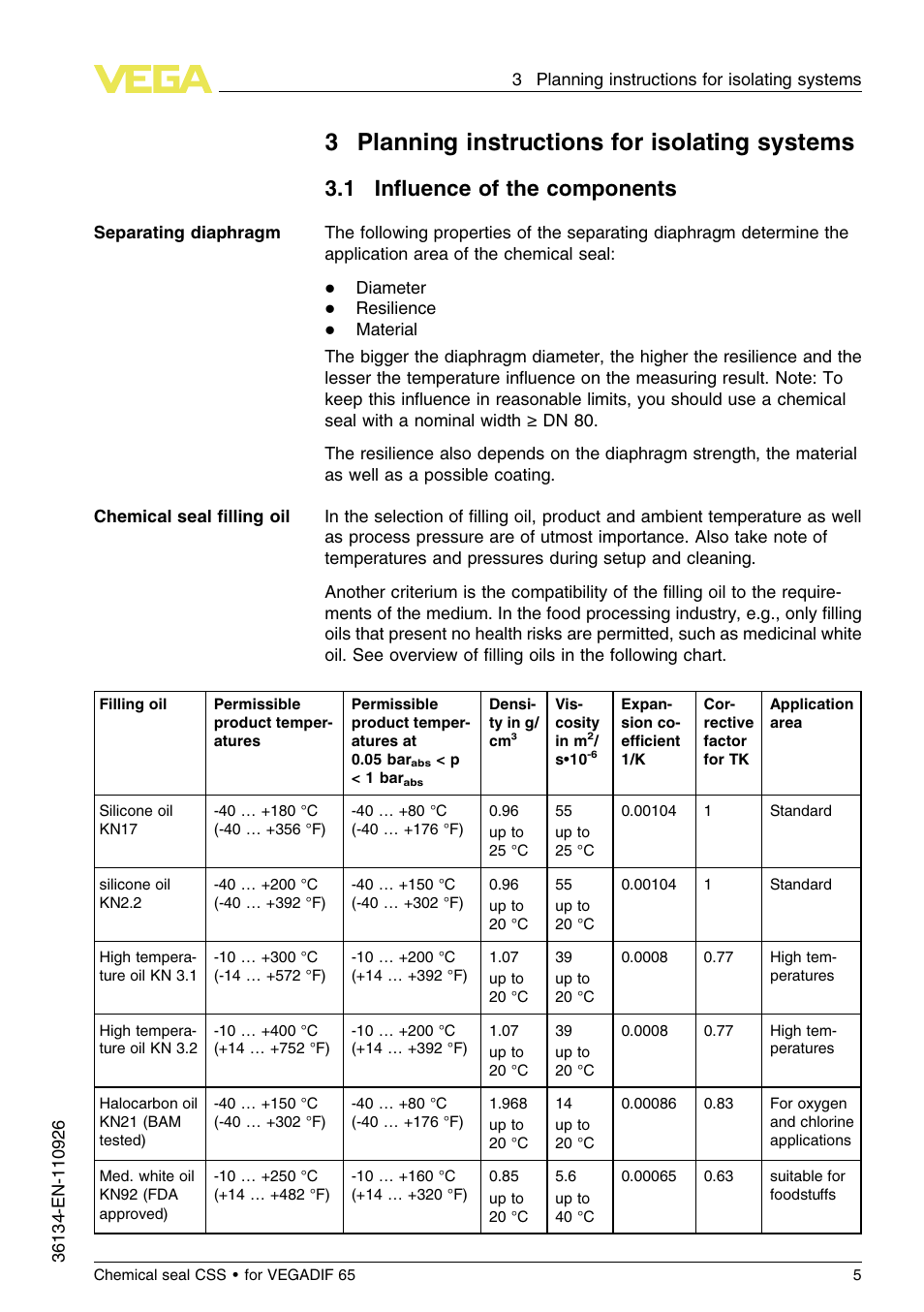 3 planning instructions for isolating systems, 1 influence of the components, 1 inﬂuence of the components | VEGA VEGADIF 65 Chemical seal CSS User Manual | Page 5 / 20