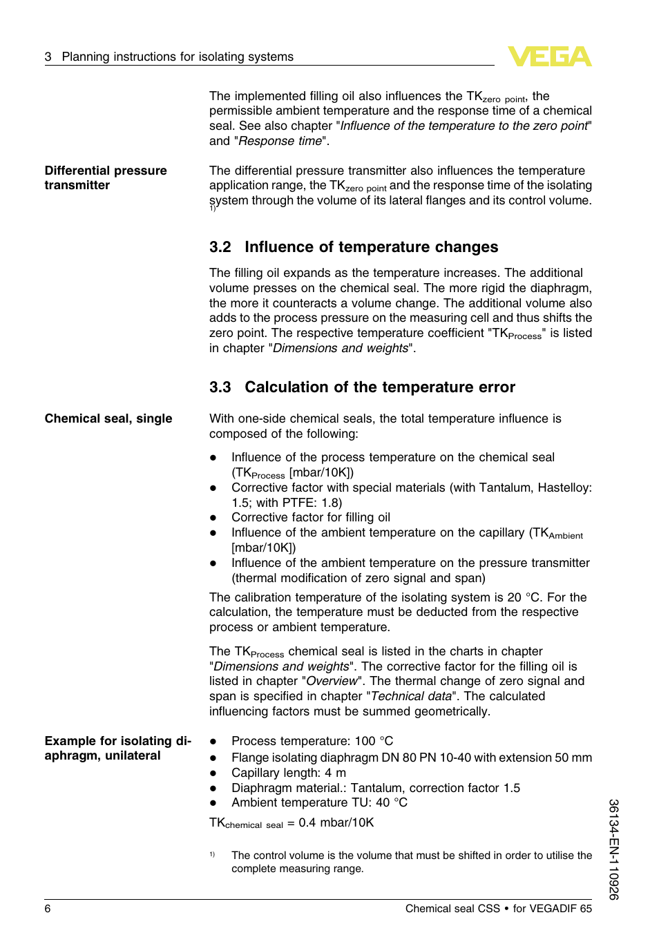 2 influence of temperature changes, 3 calculation of the temperature error, 2 inﬂuence of temperature changes | VEGA VEGADIF 65 Chemical seal CSS User Manual | Page 6 / 20