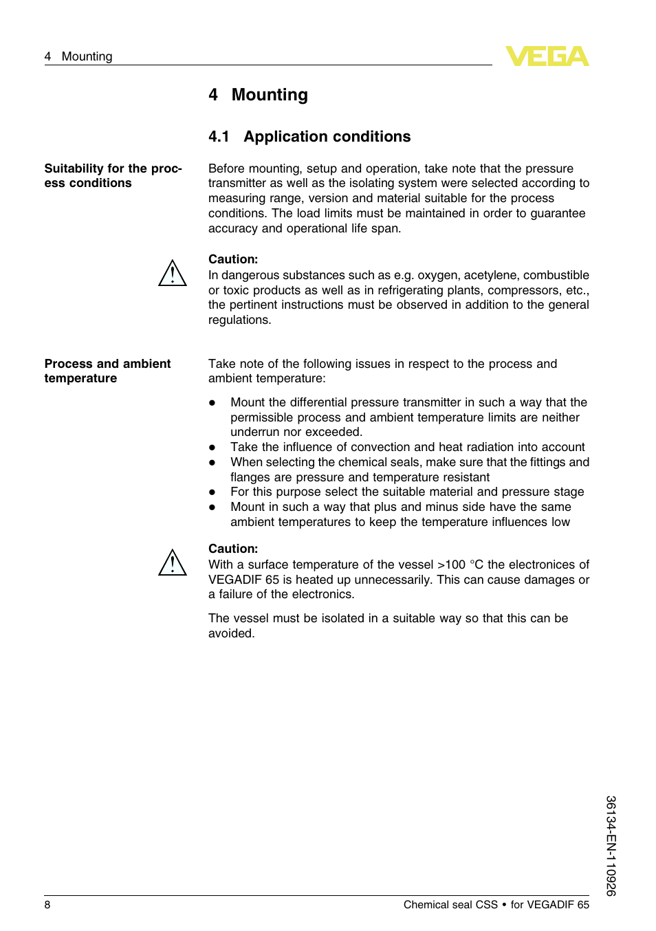 4 mounting, 1 application conditions | VEGA VEGADIF 65 Chemical seal CSS User Manual | Page 8 / 20