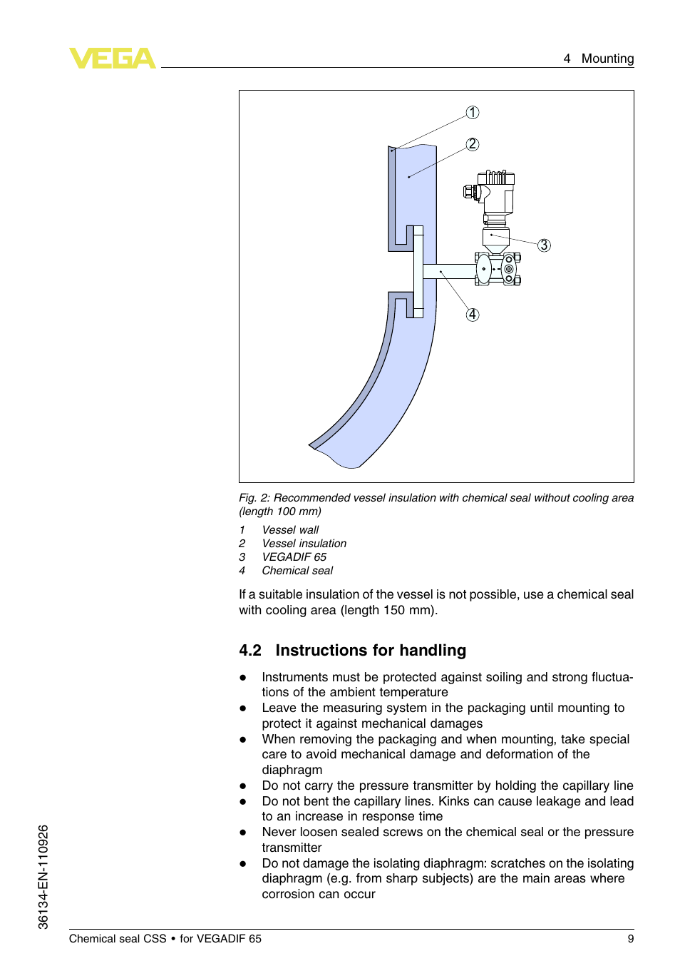 2 instructions for handling | VEGA VEGADIF 65 Chemical seal CSS User Manual | Page 9 / 20