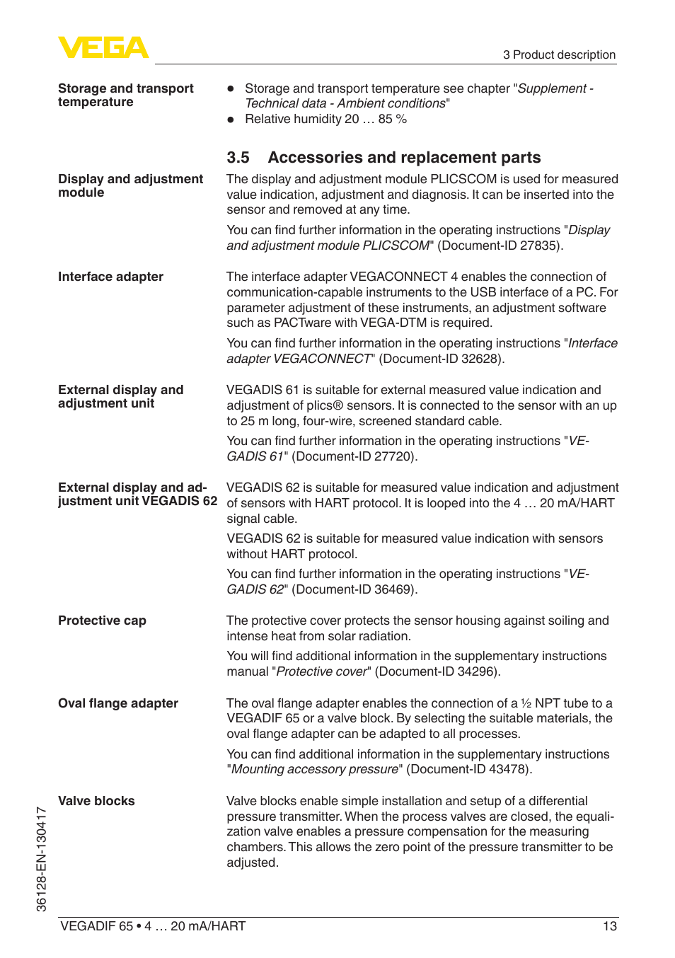 5 accessories and replacement parts | VEGA VEGADIF 65 4 … 20 mA_HART User Manual | Page 13 / 100