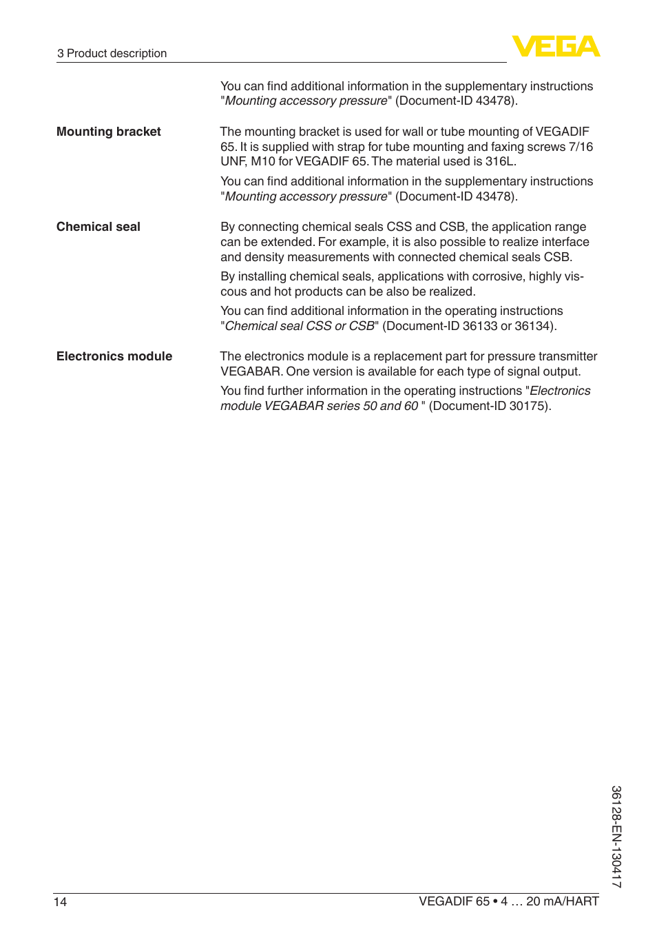 VEGA VEGADIF 65 4 … 20 mA_HART User Manual | Page 14 / 100