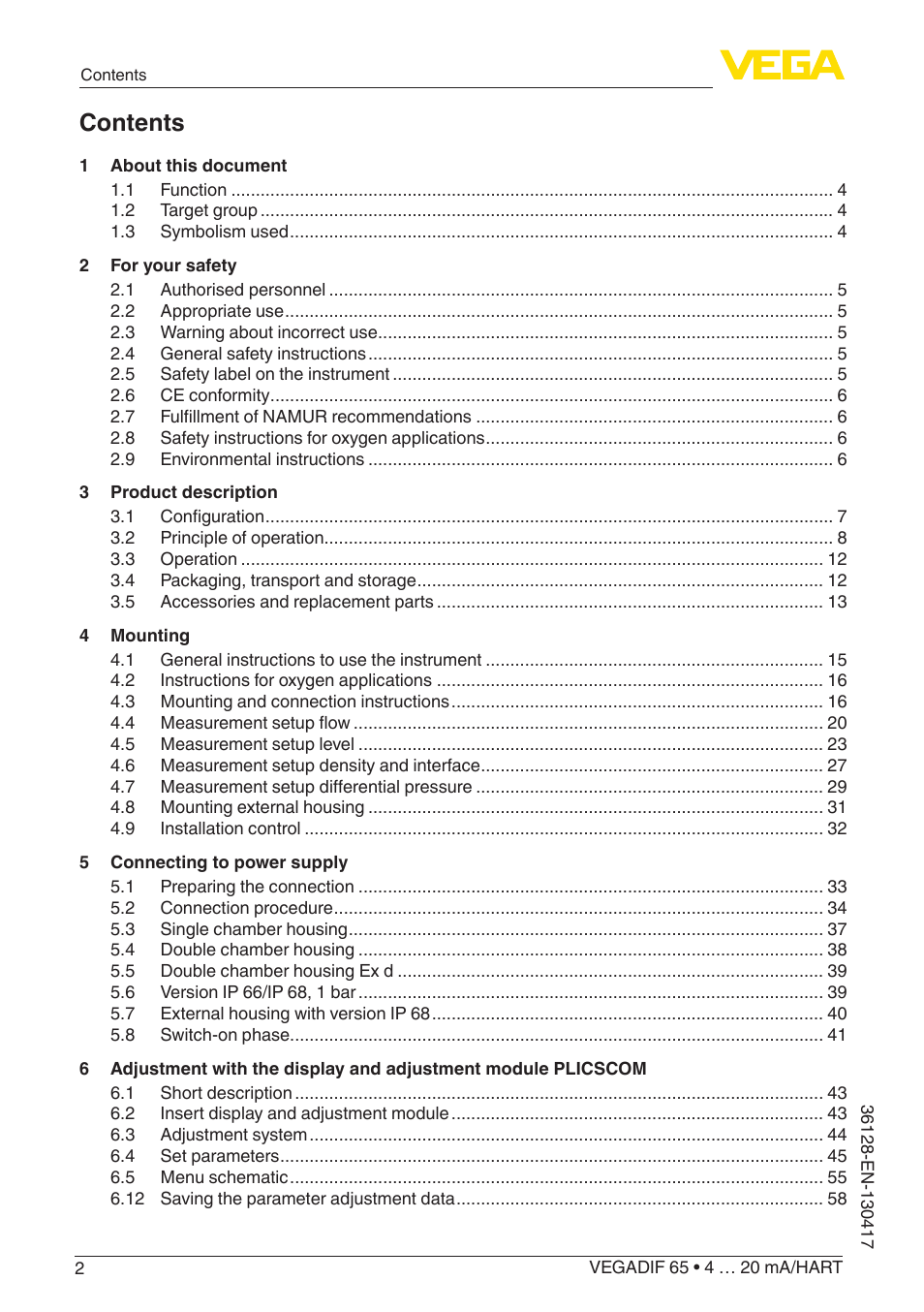 VEGA VEGADIF 65 4 … 20 mA_HART User Manual | Page 2 / 100