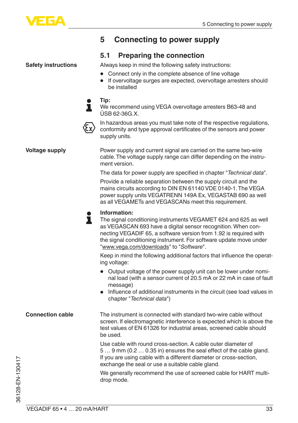 5 connecting to power supply | VEGA VEGADIF 65 4 … 20 mA_HART User Manual | Page 33 / 100