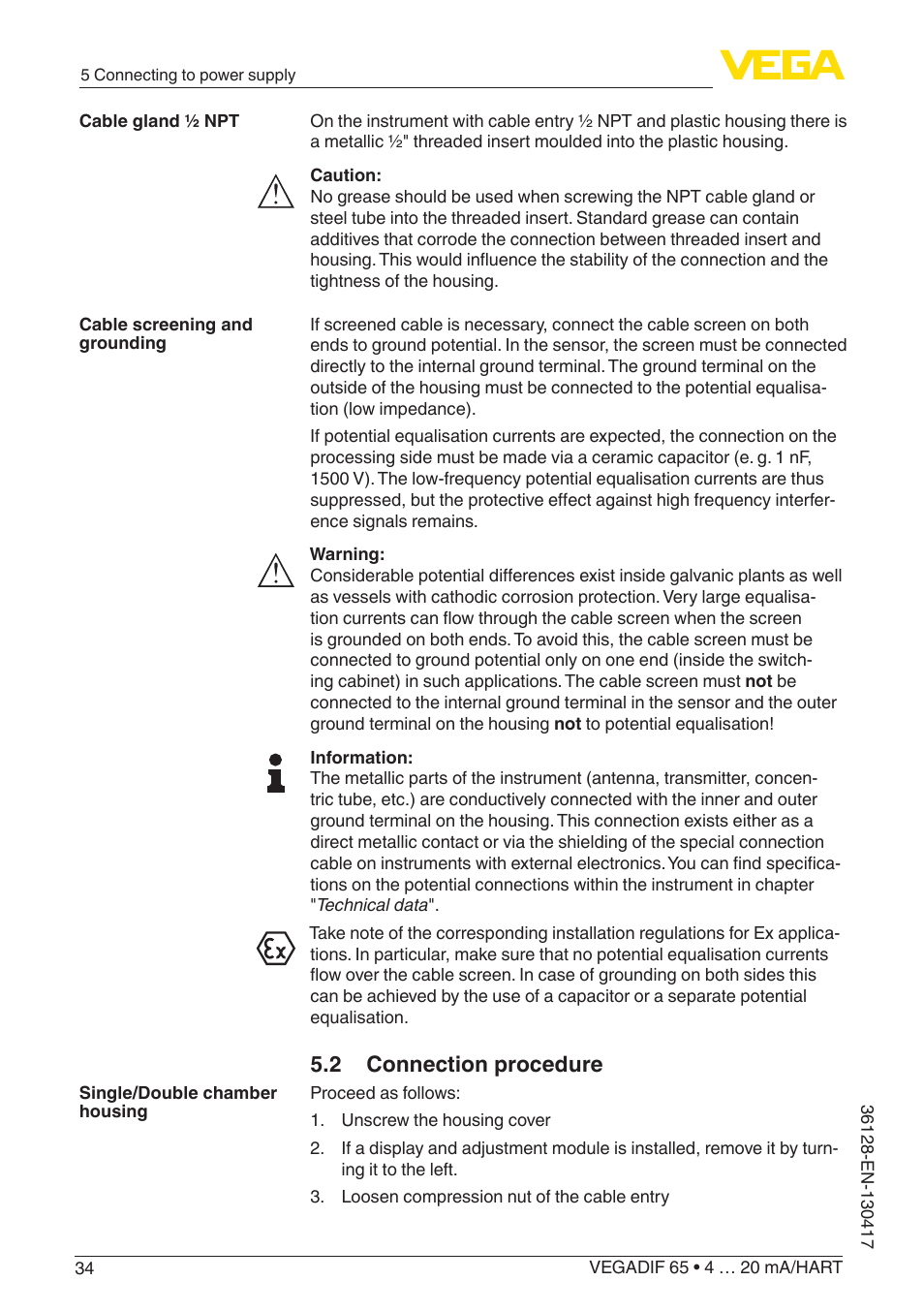 2 connection procedure | VEGA VEGADIF 65 4 … 20 mA_HART User Manual | Page 34 / 100