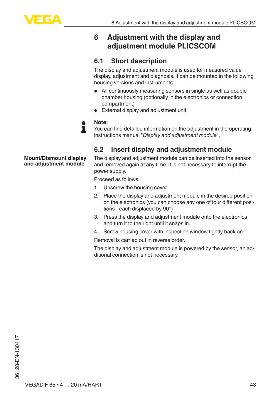 VEGA VEGADIF 65 4 … 20 mA_HART User Manual | Page 43 / 100