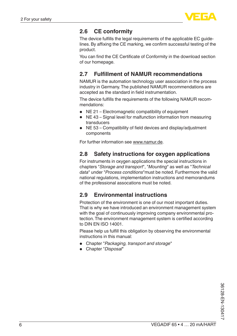 VEGA VEGADIF 65 4 … 20 mA_HART User Manual | Page 6 / 100