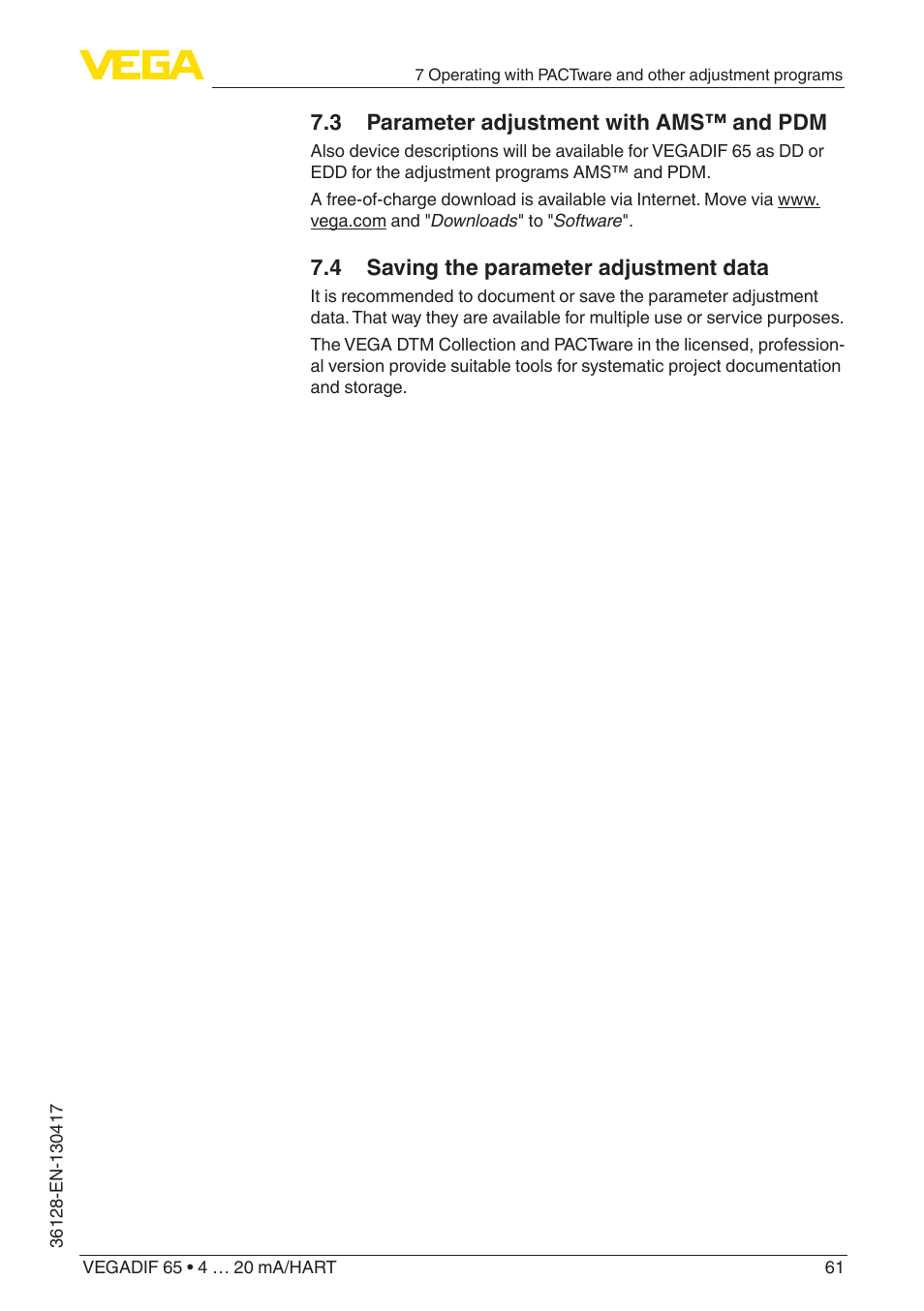 3 parameter adjustment with ams™ and pdm, 4 saving the parameter adjustment data | VEGA VEGADIF 65 4 … 20 mA_HART User Manual | Page 61 / 100