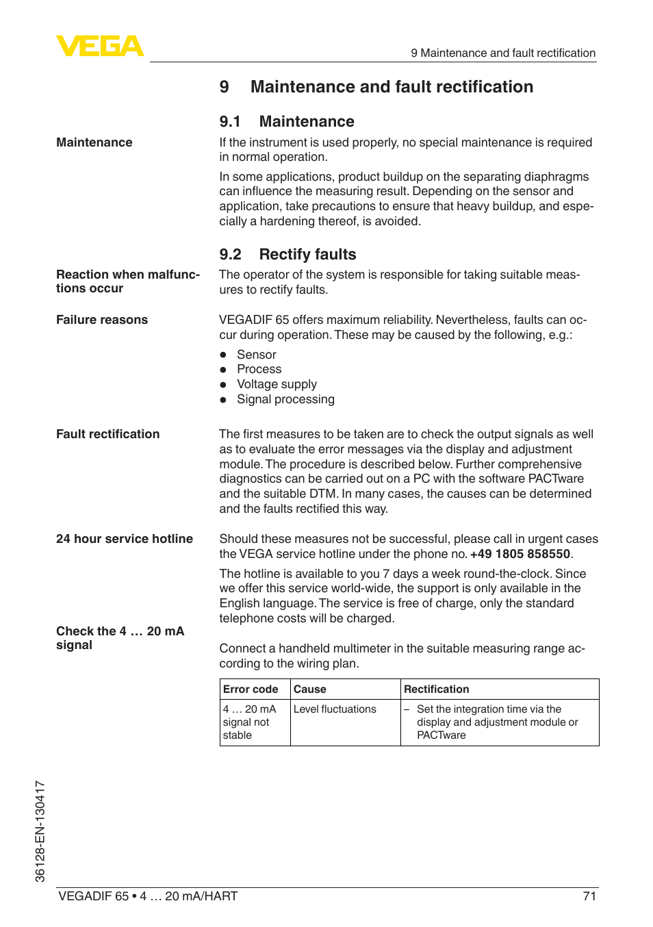 9 maintenance and fault rectification, 1 maintenance, 2 rectify faults | VEGA VEGADIF 65 4 … 20 mA_HART User Manual | Page 71 / 100