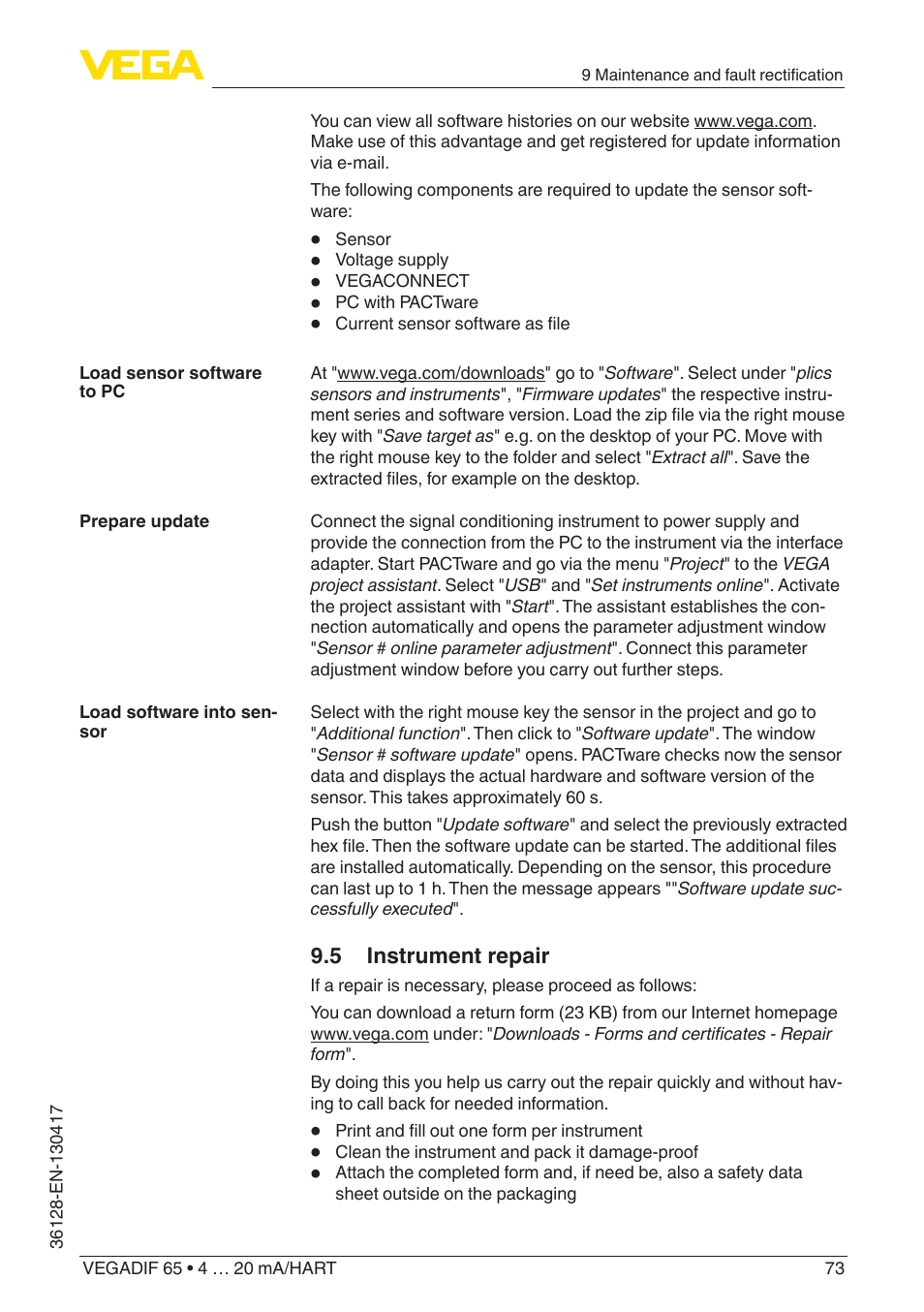 VEGA VEGADIF 65 4 … 20 mA_HART User Manual | Page 73 / 100