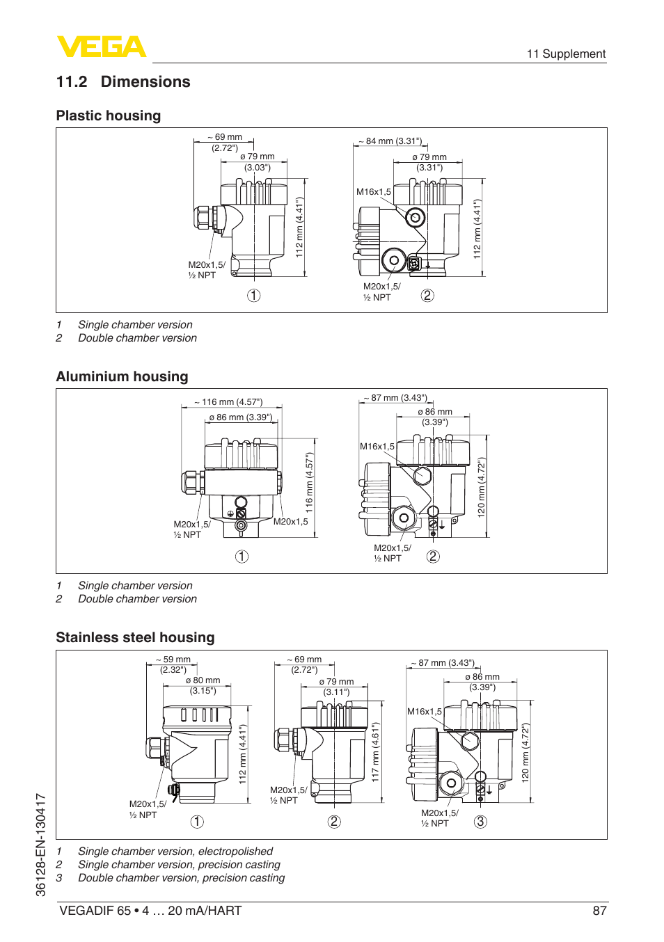 2 dimensions, Plastic housing, Aluminium housing | Stainless steel housing | VEGA VEGADIF 65 4 … 20 mA_HART User Manual | Page 87 / 100
