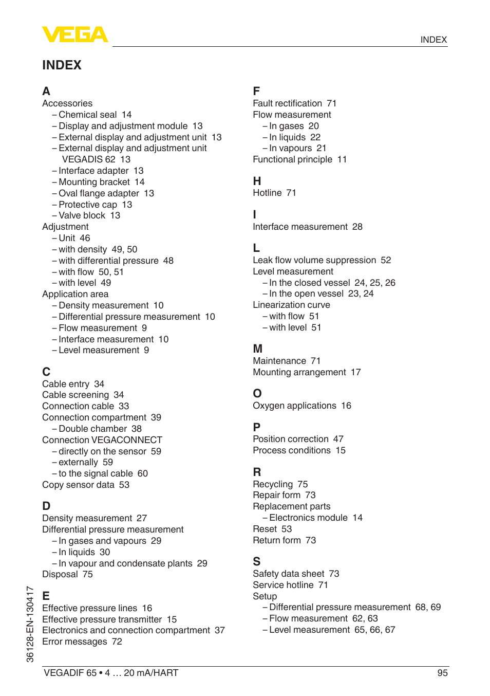 Index | VEGA VEGADIF 65 4 … 20 mA_HART User Manual | Page 95 / 100