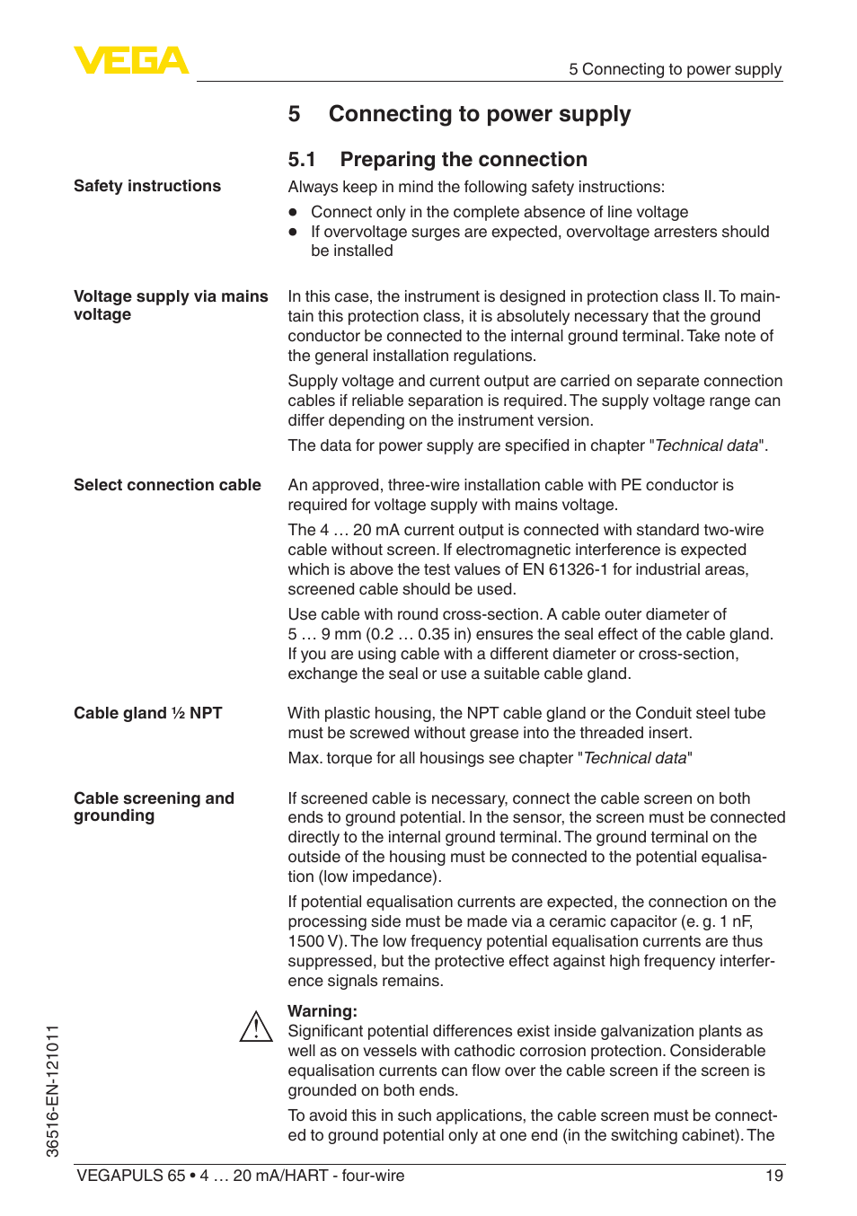 5 connecting to power supply, 1 preparing the connection | VEGA VEGAPULS 65 (≥ 2.0.0 - ≥ 4.0.0) 4 … 20 mA_HART - four-wire User Manual | Page 19 / 68