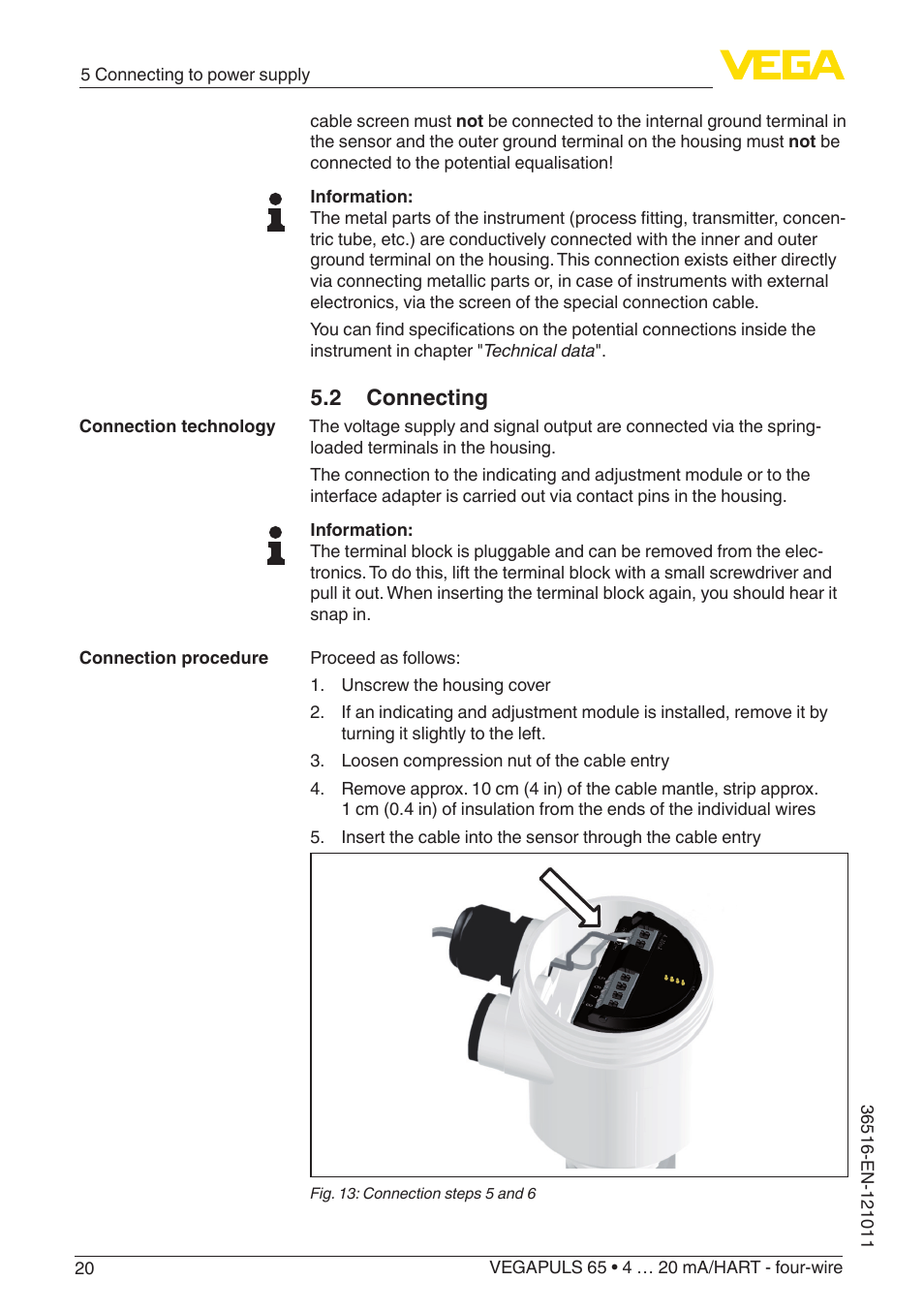 2 connecting | VEGA VEGAPULS 65 (≥ 2.0.0 - ≥ 4.0.0) 4 … 20 mA_HART - four-wire User Manual | Page 20 / 68