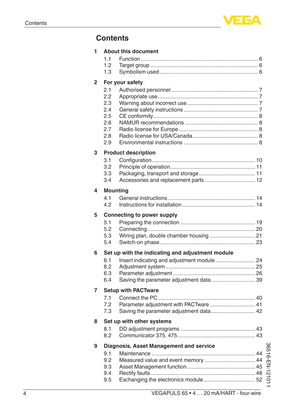 VEGA VEGAPULS 65 (≥ 2.0.0 - ≥ 4.0.0) 4 … 20 mA_HART - four-wire User Manual | Page 4 / 68