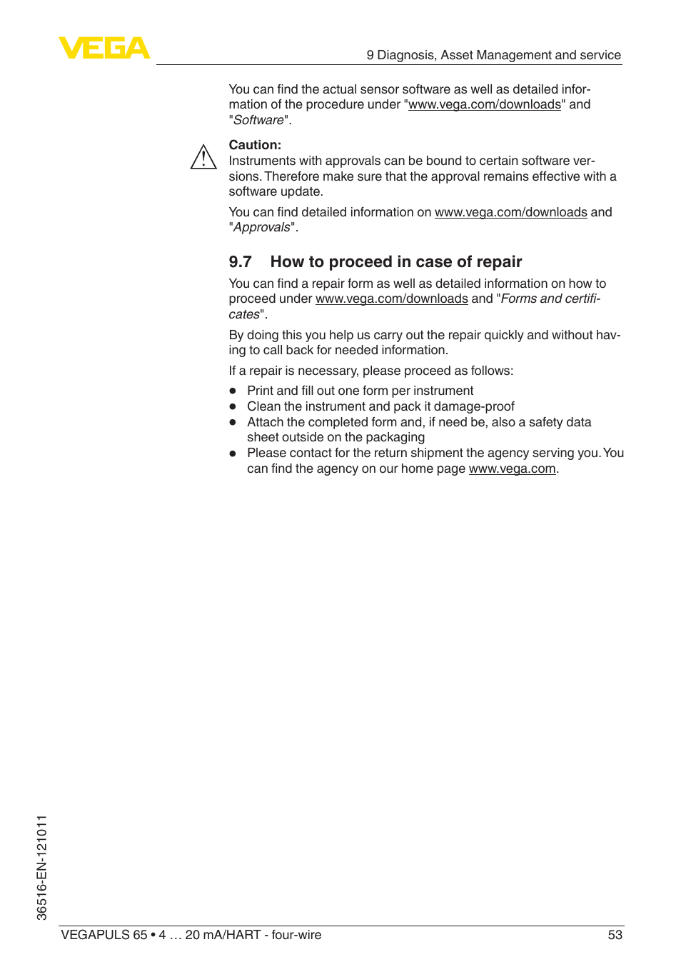 7 how to proceed in case of repair | VEGA VEGAPULS 65 (≥ 2.0.0 - ≥ 4.0.0) 4 … 20 mA_HART - four-wire User Manual | Page 53 / 68