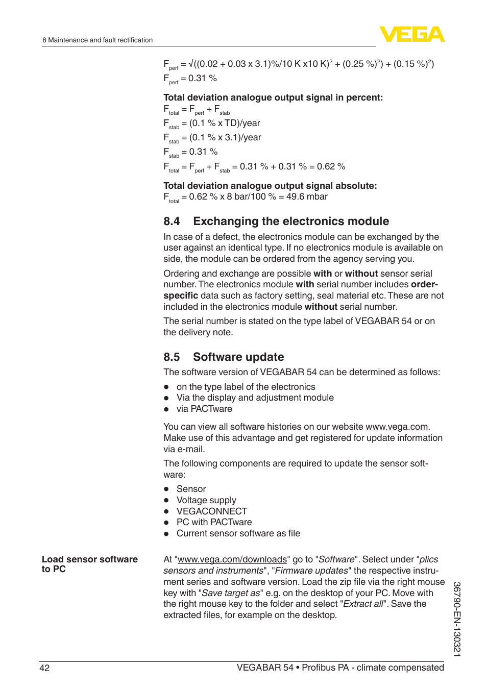 4 exchanging the electronics module, 5 software update | VEGA VEGABAR 54 Profibus PA - climate compensated User Manual | Page 42 / 72