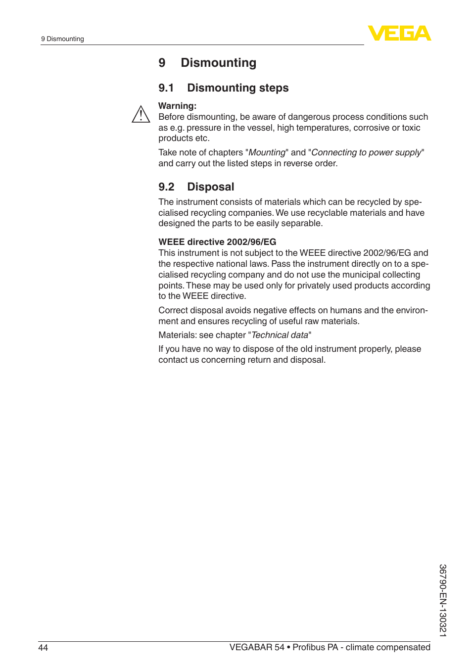 9 dismounting, 1 dismounting steps, 2 disposal | VEGA VEGABAR 54 Profibus PA - climate compensated User Manual | Page 44 / 72