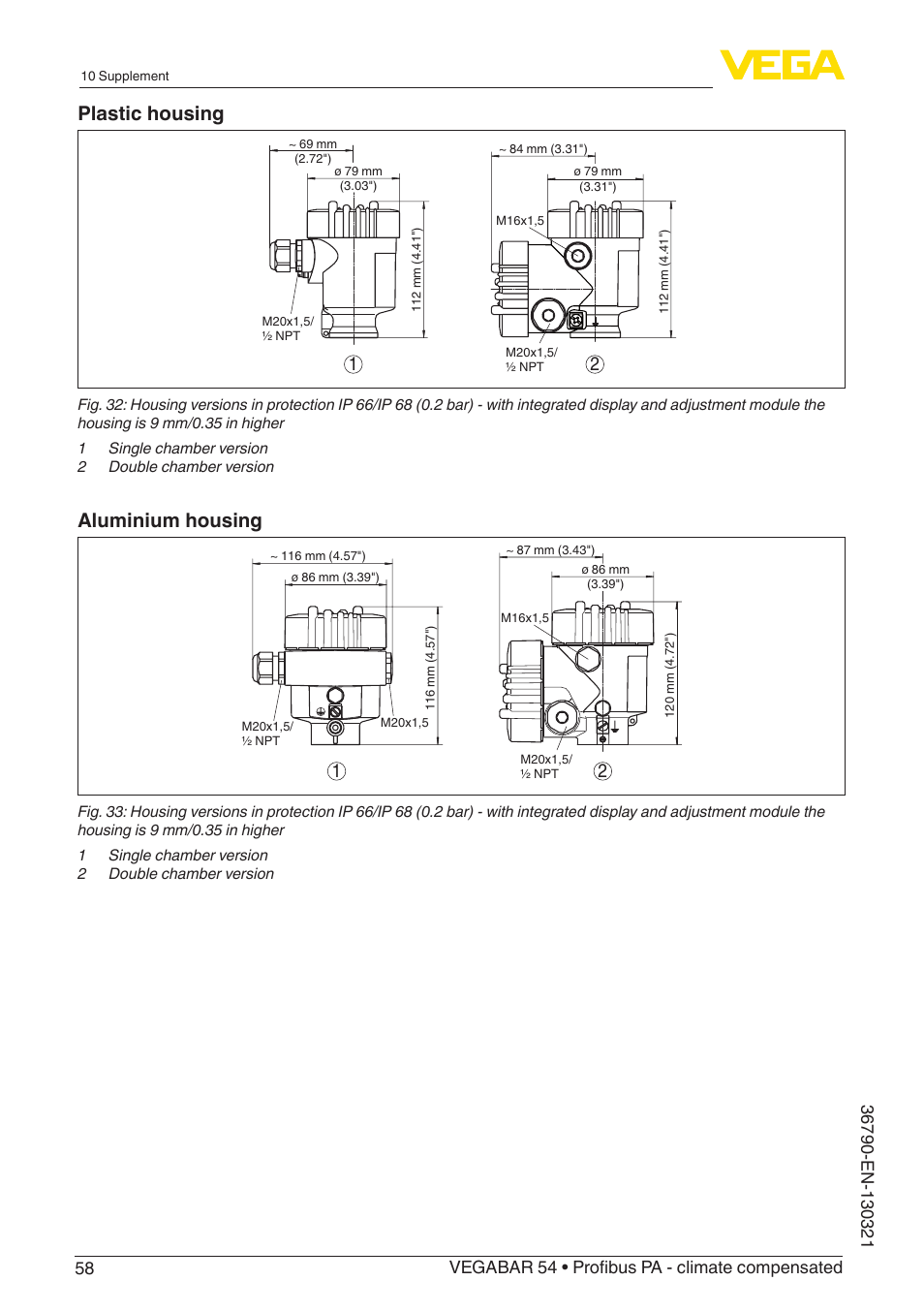 Plastic housing, Aluminium housing | VEGA VEGABAR 54 Profibus PA - climate compensated User Manual | Page 58 / 72