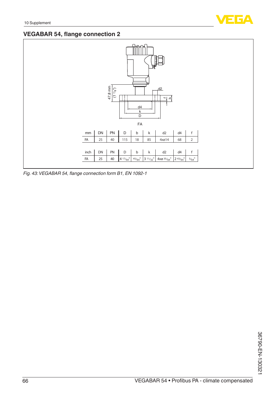 Vegabar 54, flange connection 2 | VEGA VEGABAR 54 Profibus PA - climate compensated User Manual | Page 66 / 72