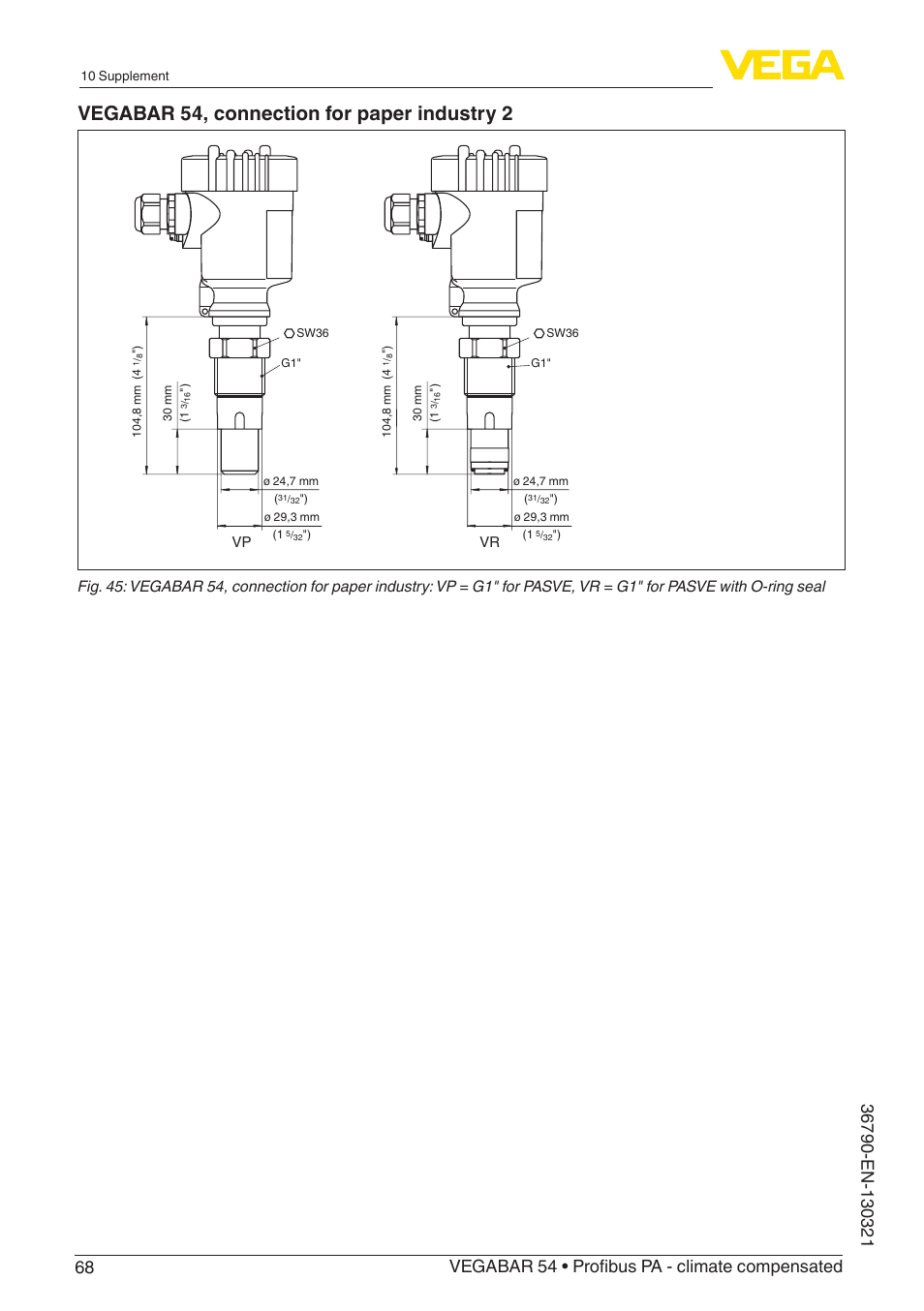 Vegabar 54, connection for paper industry 2, Vp vr | VEGA VEGABAR 54 Profibus PA - climate compensated User Manual | Page 68 / 72