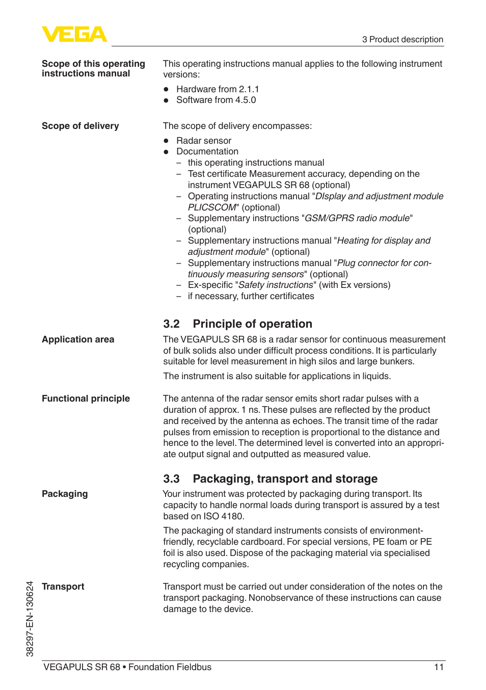 2 principle of operation, 3 packaging, transport and storage | VEGA VEGAPULS SR 68 Foundation Fieldbus User Manual | Page 11 / 96