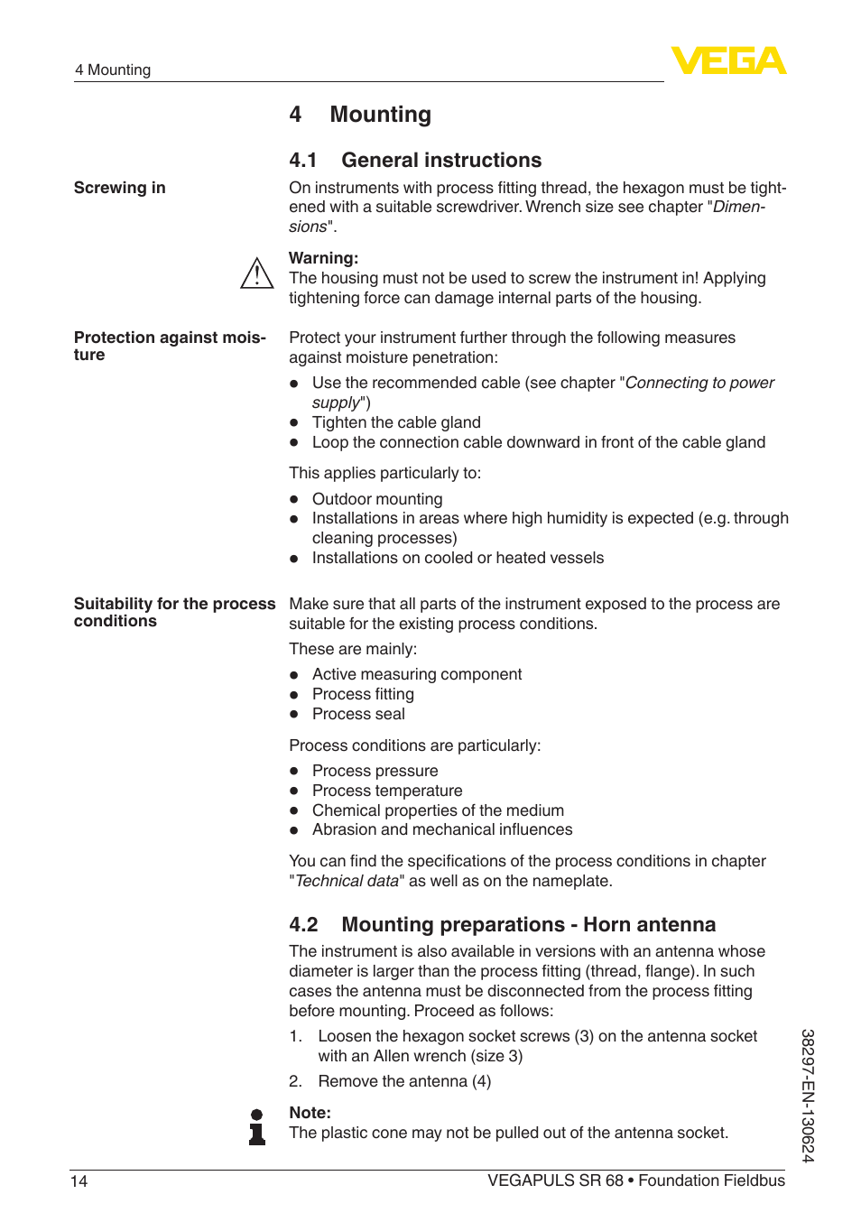 4 mounting, 1 general instructions, 2 mounting preparations - horn antenna | VEGA VEGAPULS SR 68 Foundation Fieldbus User Manual | Page 14 / 96