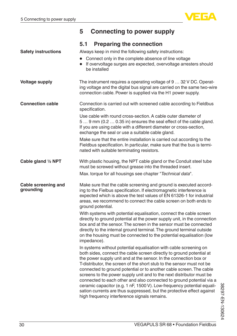 5 connecting to power supply, 1 preparing the connection | VEGA VEGAPULS SR 68 Foundation Fieldbus User Manual | Page 30 / 96