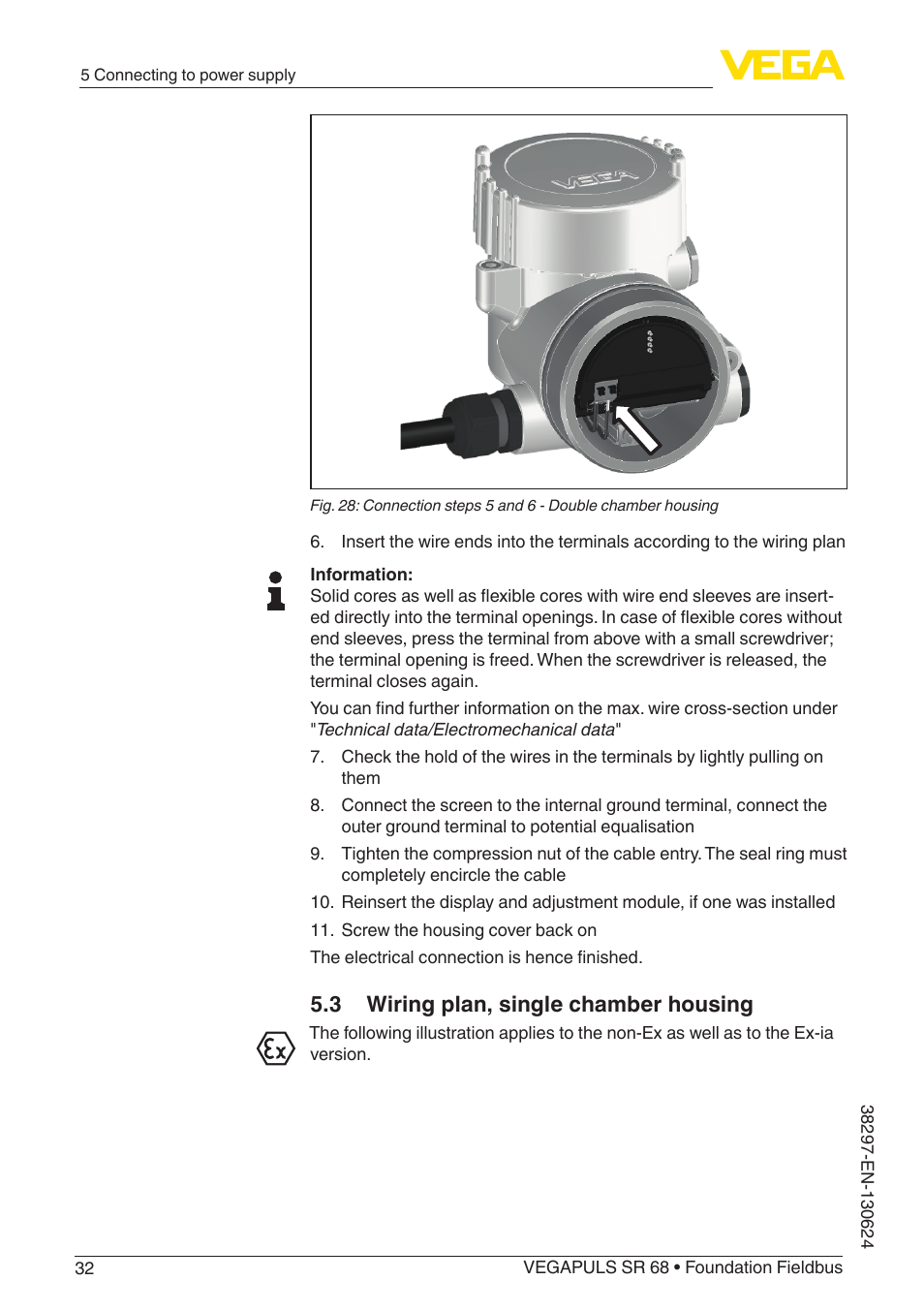 3 wiring plan, single chamber housing | VEGA VEGAPULS SR 68 Foundation Fieldbus User Manual | Page 32 / 96