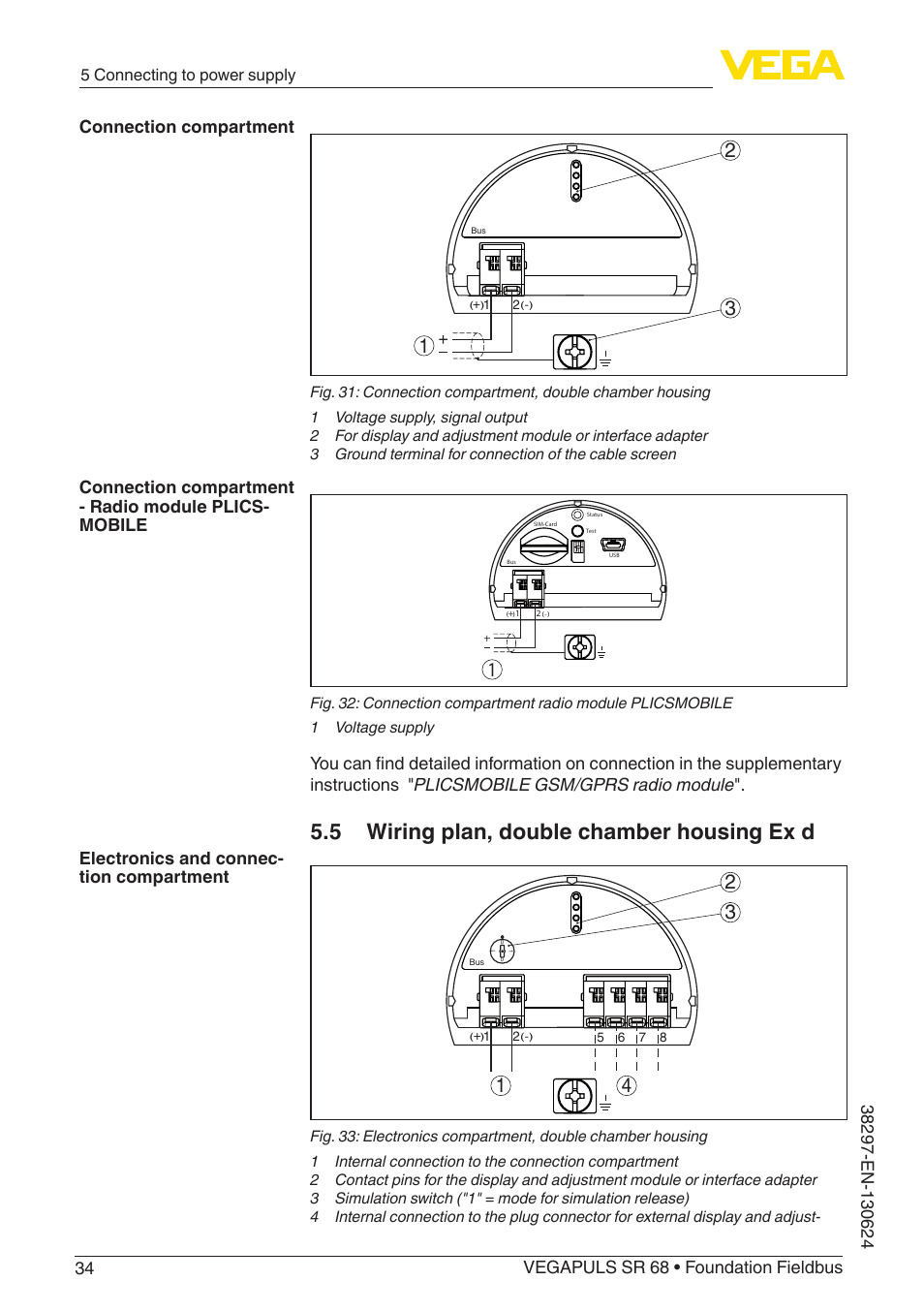 5 wiring plan, double chamber housing ex d, Connection compartment, 5 connecting to power supply | VEGA VEGAPULS SR 68 Foundation Fieldbus User Manual | Page 34 / 96