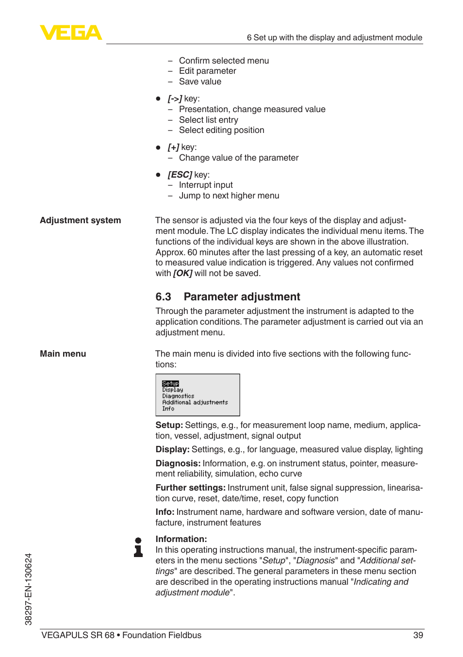 3 parameter adjustment | VEGA VEGAPULS SR 68 Foundation Fieldbus User Manual | Page 39 / 96