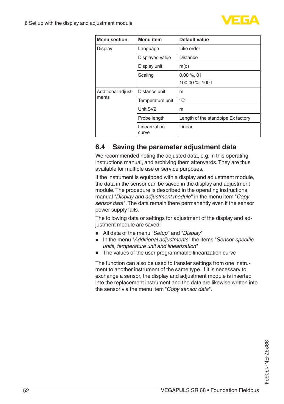 4 saving the parameter adjustment data | VEGA VEGAPULS SR 68 Foundation Fieldbus User Manual | Page 52 / 96