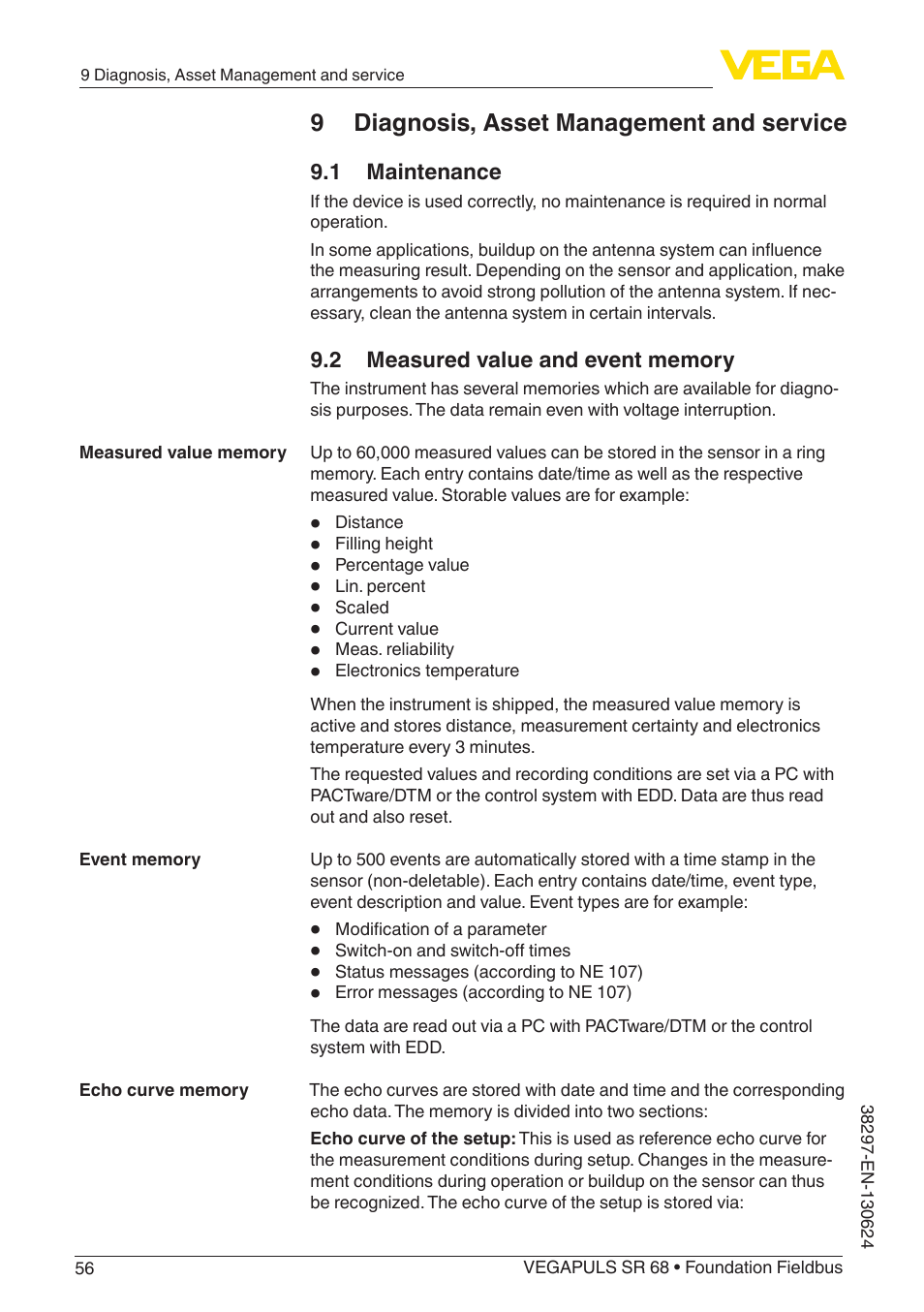 9 diagnosis, asset management and service, 1 maintenance, 2 measured value and event memory | VEGA VEGAPULS SR 68 Foundation Fieldbus User Manual | Page 56 / 96