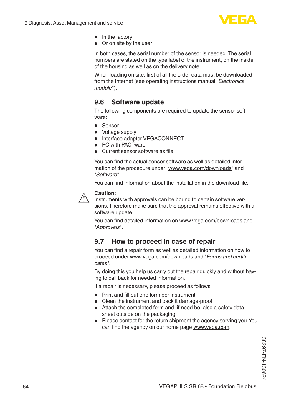 6 software update, 7 how to proceed in case of repair | VEGA VEGAPULS SR 68 Foundation Fieldbus User Manual | Page 64 / 96