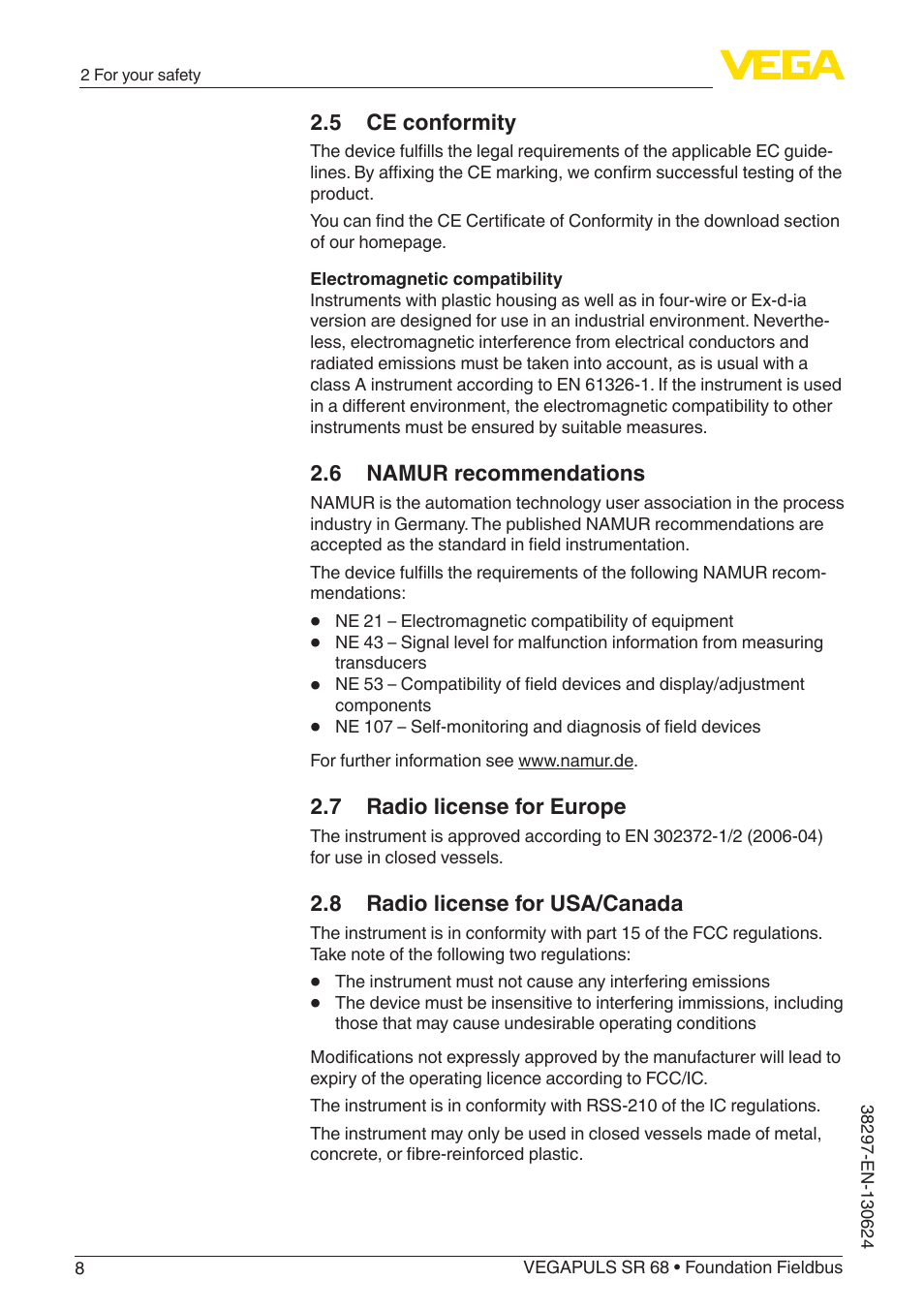 5 ce conformity, 6 namur recommendations, 7 radio license for europe | 8 radio license for usa/canada | VEGA VEGAPULS SR 68 Foundation Fieldbus User Manual | Page 8 / 96