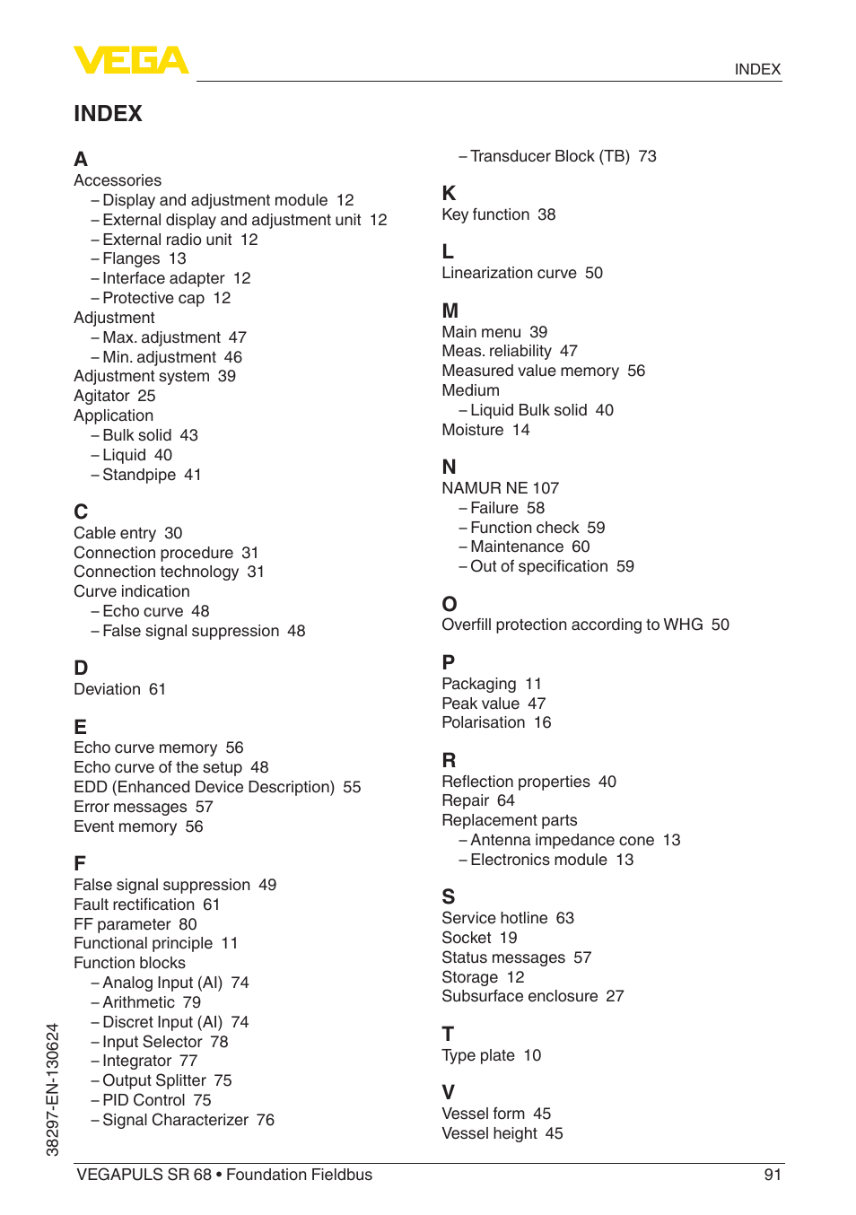 Index | VEGA VEGAPULS SR 68 Foundation Fieldbus User Manual | Page 91 / 96
