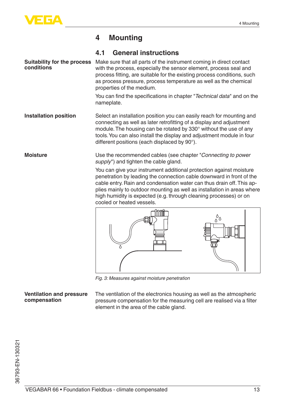 4 mounting, 1 general instructions | VEGA VEGABAR 66 Foundation Fieldbus - climate compensated User Manual | Page 13 / 76