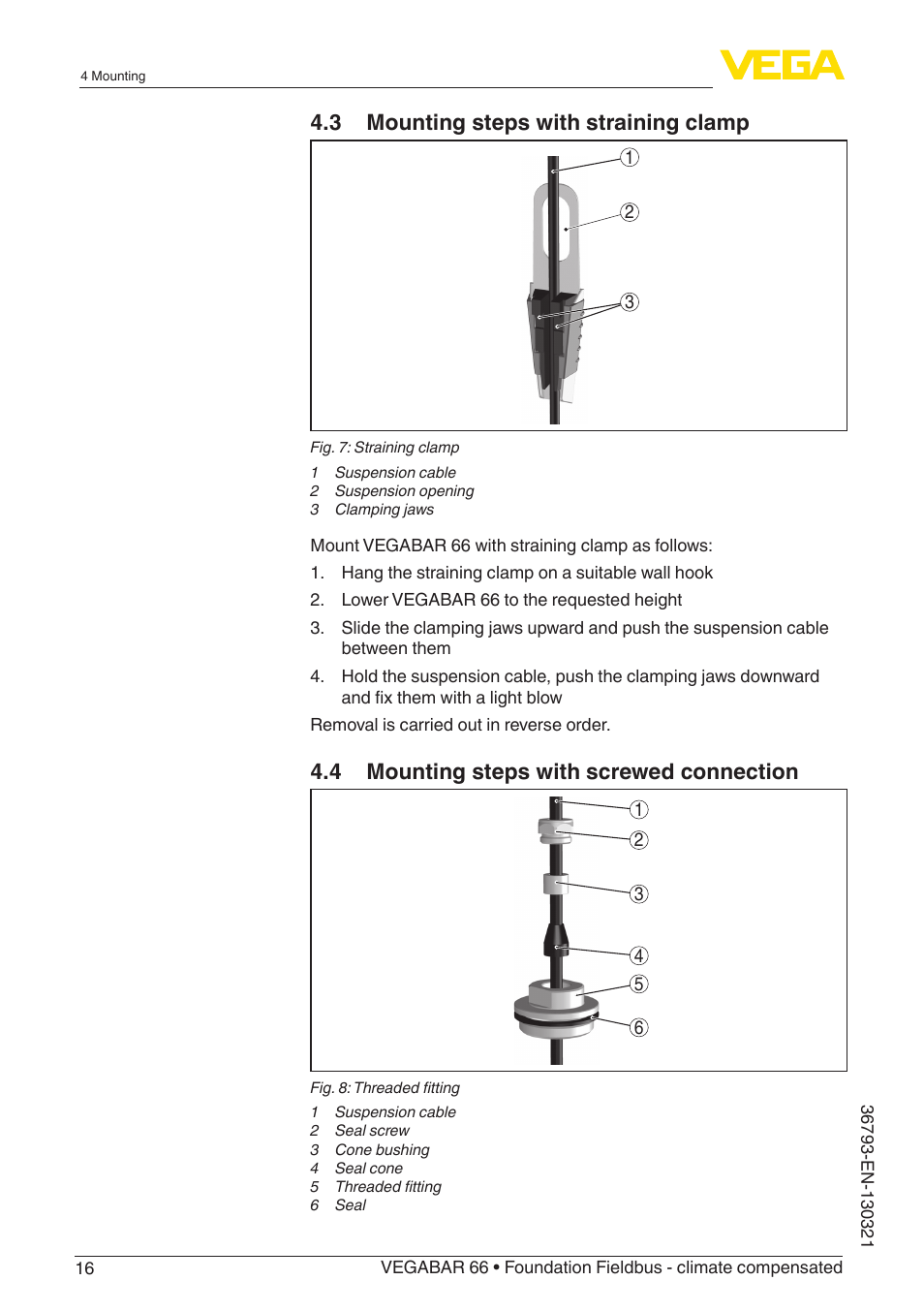 3 mounting steps with straining clamp, 4 mounting steps with screwed connection | VEGA VEGABAR 66 Foundation Fieldbus - climate compensated User Manual | Page 16 / 76